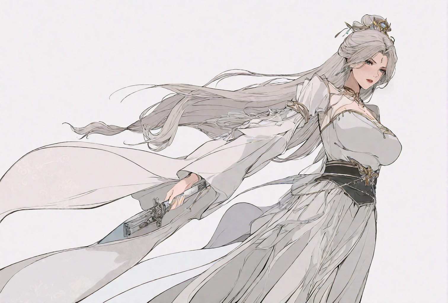 ((very awa)),(solo),highly detailed,(best quality),((masterpiece)),1girl,<lora:手绘画风正则noobxl:0.2>,spot color,shouhui,looking_at_viewer,large breasts,lineart,flat color,ge,<lora:鸽天尊画风正则92noobxl:0.5>,simple background,mature_female,<lora:龙套女师父noobxl-000017:0.8>,mengshi,long hair,hair ornament,dress,white hair,earrings,jewelry,weapon,sword,