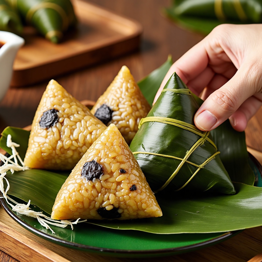 zongzi,zonzi,A delicious food is Glutinous rice cakes wrapped in banana leaves. Glutinous rice cakes is triangular in shape, with some black dots on the surface, which may be sesame or other ingredients. Glutinous rice cakes is tightly wrapped in banana leaves. The color of banana leaves is green, and there are some white fibers on the surface. Glutinous rice cakes is placed on a green plate with some grains on the edge. One hand is holding a Glutinous rice cakes. The hand is in the upper right corner of the picture, and the finger is holding a corner of the banana leaf. The background is a wooden tabletop, on which there are some other foods, maybe other Glutinous rice cakes or other snacks. The overall visual style is realism, with bright lighting and a warm atmosphere.