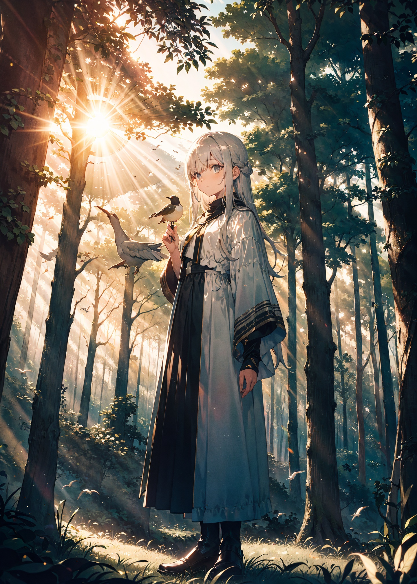 (Composition) A girl standing in the forest. (Girl) long silver hair,  looking at the left side. girl looking at bird on h...
