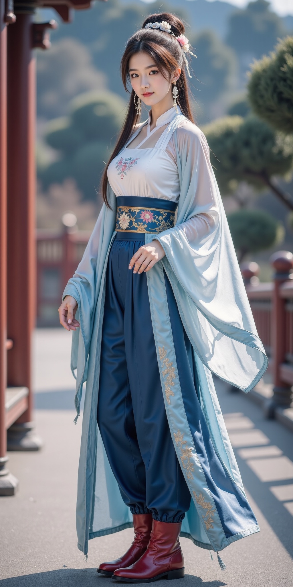 sai-cinematic,photo-hdr,1girl,solo,earrings,jewelry,realistic,looking at viewer,long hair,brown hair,blurry background,hair ornament,flower,blurry,hair flower,hair bun,(full body:1.5),closed mouth,white and blue chinese clothes,skirt,pants,(red leather boots:1.5),