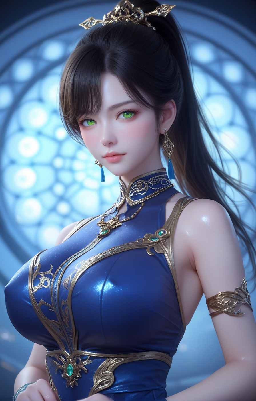 score_9,score_8_up,score_7_up,source_anime,<lora:qingxuan_qinglin_PONY:0.7>,1girl,solo,jewelry,earrings,black hair,green eyes,ponytail,looking at viewer,blush,(curvy:1.1),detailed eyes,jewelry,highly detailed,huge breasts,bright_pupils,dress,yellow eyes,blush,hair ornament,volumetric,dramatic lighting,(oil:1.1),(shiny_skin:1.2),ultra detailed 8k cg,ultra detailed background,extremely detailed eyes,full_shot,(pale_skin:1.1),(2.5D:1.4),rating_explicit,(realistic:1.2),perfect face,detailed face,sexy pose,supermodel,overall warm color,dol,innocence,mysterious,surreal,film grain texture,analog photography aesthetic,visual storytelling,dynamic composition,delicate details,highly detailed,concept art,extremely detailed,amazing quality,masterpiece,ultra-high resolution,32K UHD,sharp focus,best-quality,golden hour,with a high-end texture,unconventional supreme masterpiece,masterful details,temperate atmosphere,in the style of fashion photography,high detailed  skin,(detailed skin:1.1),nice hands,highly detailed,Skindentation,skin depression,highly detailed,masterpiece,<lora:Add_more_details_V2_XLpony:0.6>,dramatic lighting,detailxl,(lace_panties:1.2),(portrait:1.4),blue clothes,