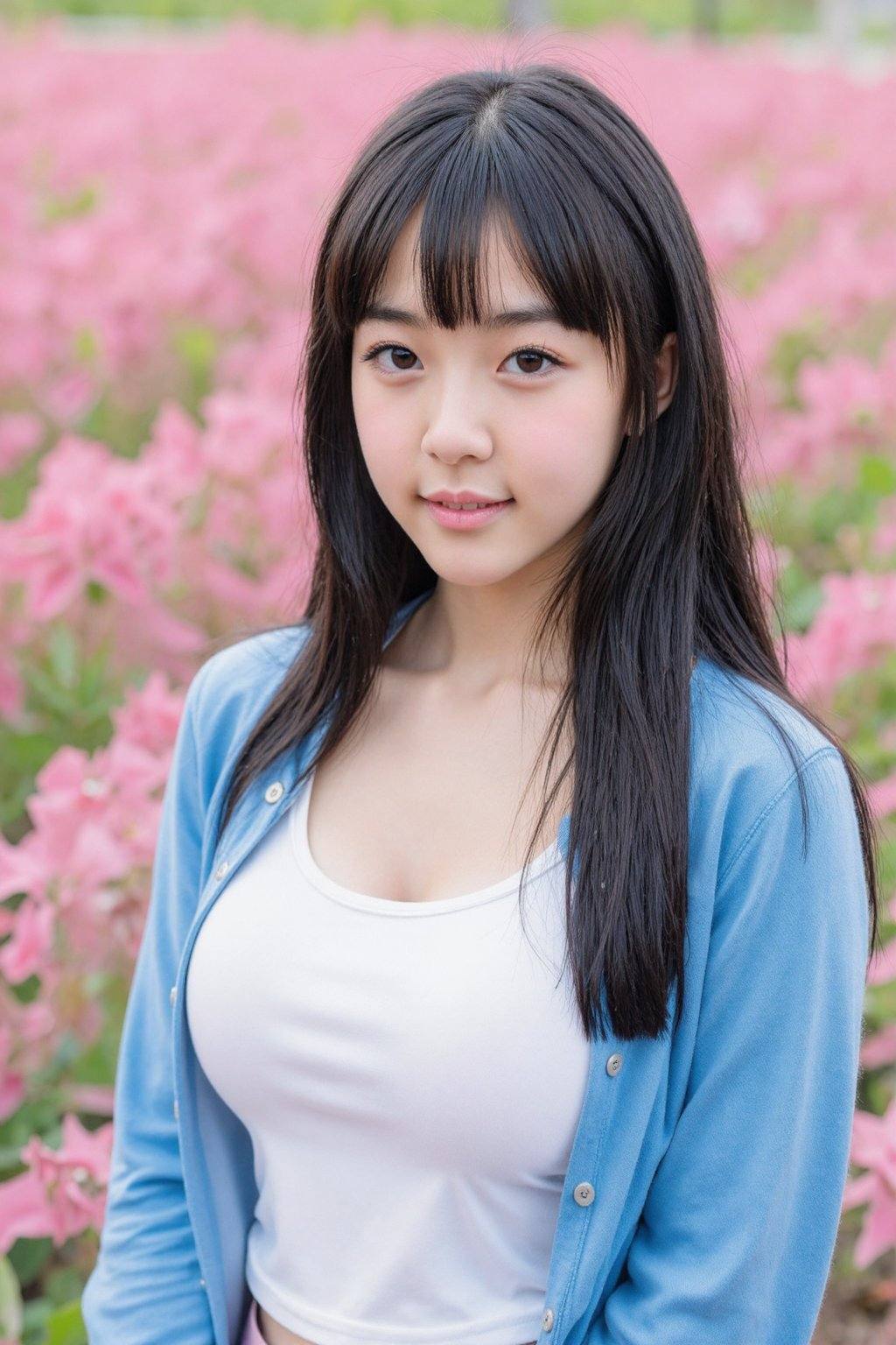 一位留着黑色长发和刘海的年轻亚裔女子,  身穿白色上衣和蓝色开衫,  站在一片粉红色的花田中。 on Tensor.Art