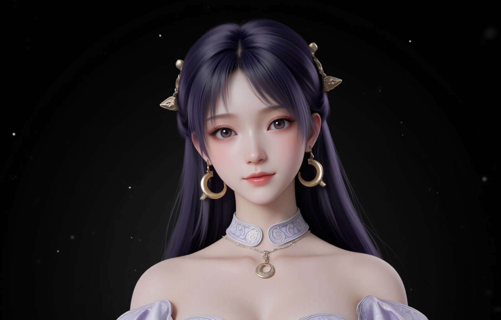 <lora:姬紫月5:1.1>,jiziyue,1girl,solo,jewelry,hair ornament,earrings,black background,long hair,crescent,realistic,bare shoulders,crescent earrings,hair rings,portrait,closed mouth,black hair,dress,simple background,detached collar,upper body,lips,purple hair,white dress,necklace,6,cover,gradient background,close-up details,outstanding style,adding a touch of dimension to your images without compromising details,close-up,<lora:DJ滤镜_2.5D版:0.3>,lvjing,<lora:油画唯美滤镜15:0.3>,baoshi,