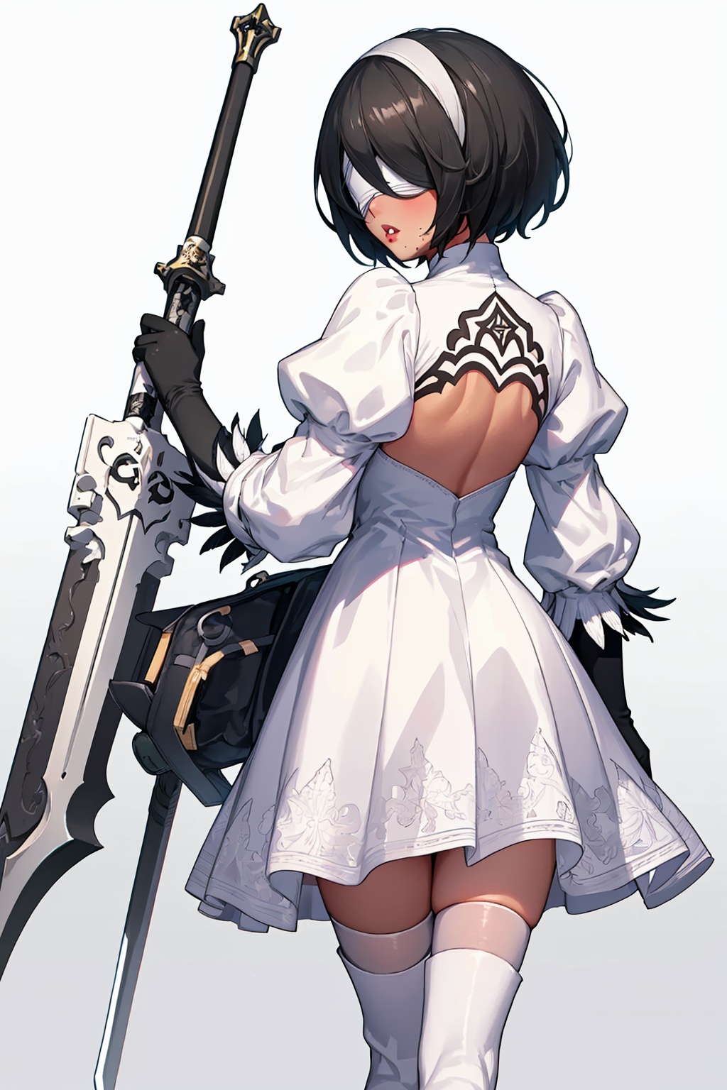 masterpiece,best quality, highly detailed, 2p (nier:automata),1girl, dark-skinned female, white footwear, mole under mouth, puffy sleeves, gradient, shiny, feather trim, solo, white dress, gradient background, full body, lips, long sleeves, thigh boots, back cutout, gloves, sword, player 2, high heel boots, looking back, white thighhighs, white hairband, short dress, blindfold, holding weapon,<lora:2p_(nierautomata):1>