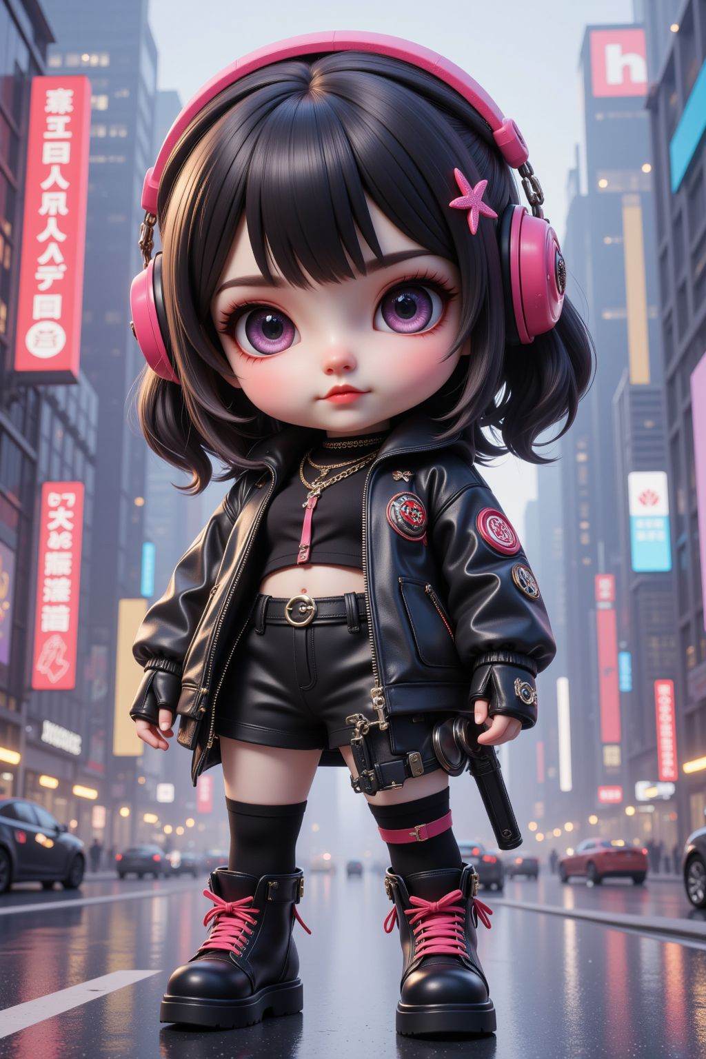 girl, chibi, cyberpunk, city,