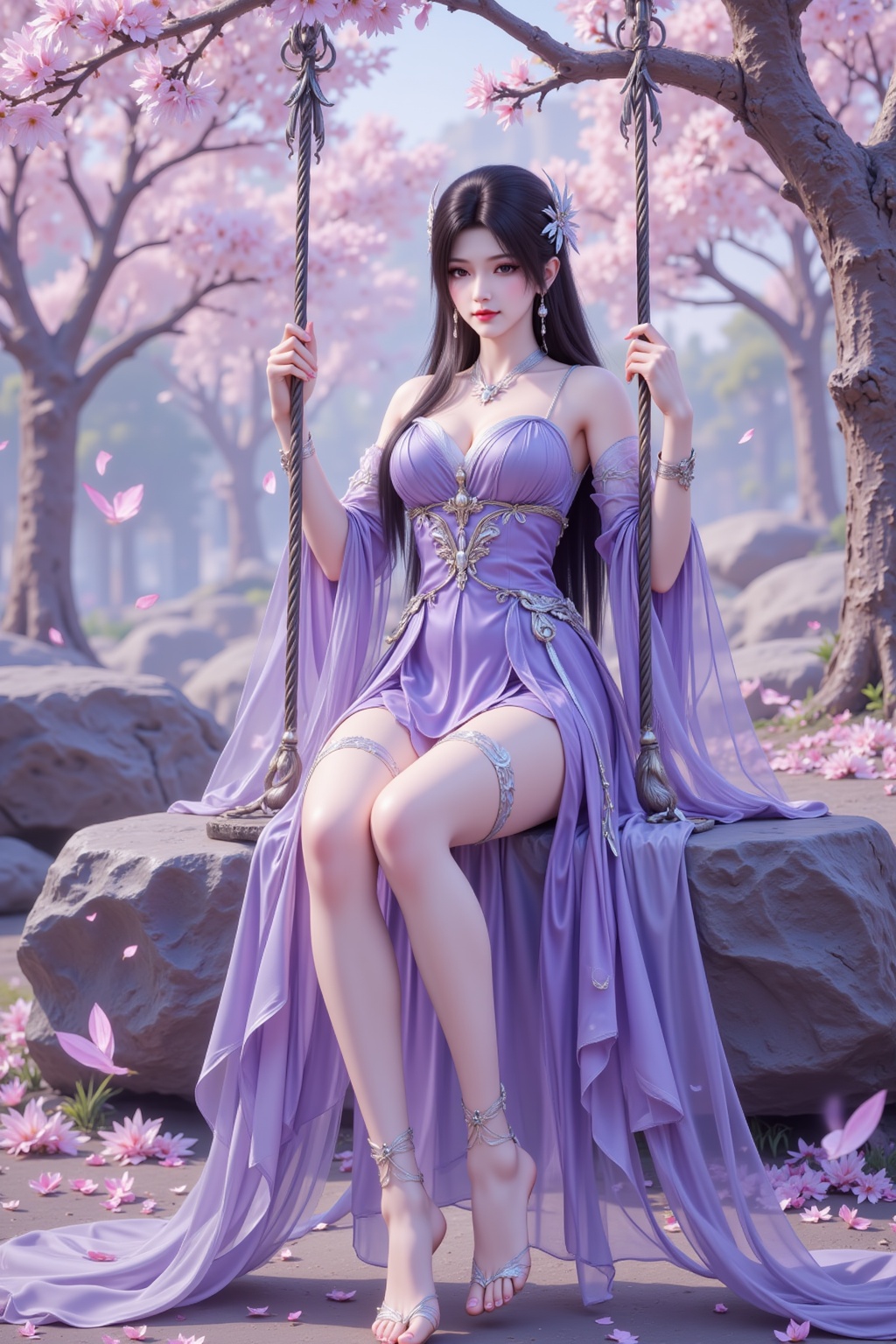 <lora:绚丽多彩·优化9:0.8>,lvjing,1girl,jewelry,feet,long hair,barefoot,solo,hair ornament,dress,flower,toes,sitting,swing,earrings,full body,anklet,purple dress,falling petals,rock,toenails,black hair,bare legs,legs,bracelet,outdoors,petals,detached sleeves,tree,bare shoulders,thighhighs,27,