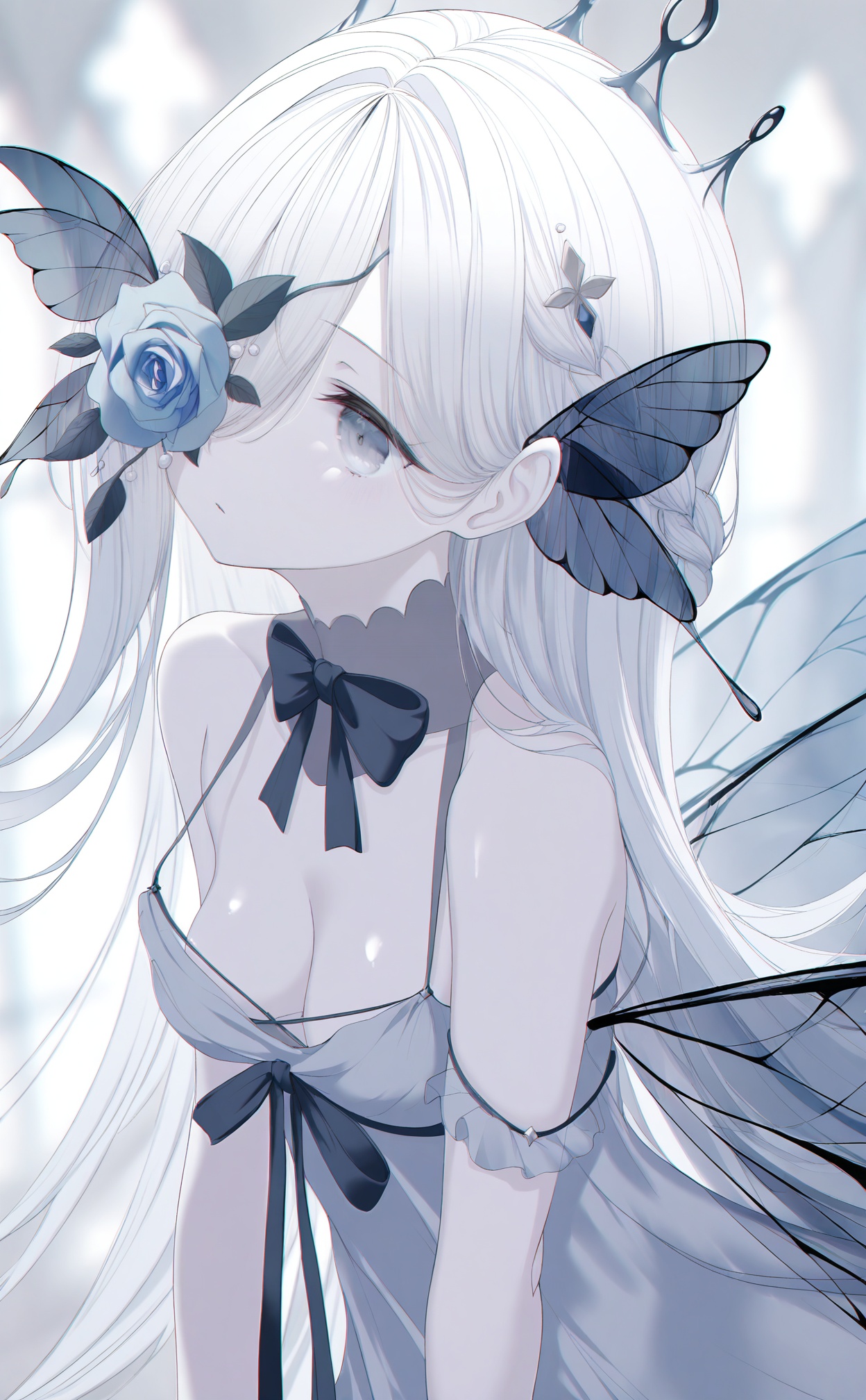masterpiece,highres,absurdres,newest,best quality,loli,petite,high quality,chromatic_aberration,shiny_skin,//,1girl, flower_over_eye, white_hair, solo, flower, long_hair, grey_eyes, wings, blue_flower, braid, hair_ornament, rose, dress, bow, insect_wings, blue_rose, bare_shoulders, black_bow, grey_dress, one_eye_covered, wing_hair_ornament, butterfly_wings//,medium breasts,bouncing breasts,cleavage,bare shoulders,//,<lora:aestivation——【noob】hans:1>,
