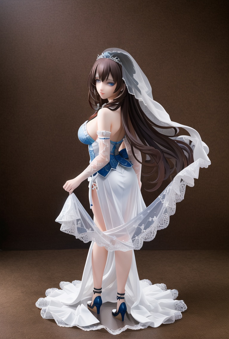 (best quality:1.5),(masterpiece:1.5),intricate detail,great textures,ultra high res,photorealistic,realistic,killer,PVC figure,1girl,solo,blue eyes,long hair,tiara,breasts,veil,ass,brown hair,looking at viewer,blush,silcoon,white skirt,<lora:killer手办模型-000006:0.8>,