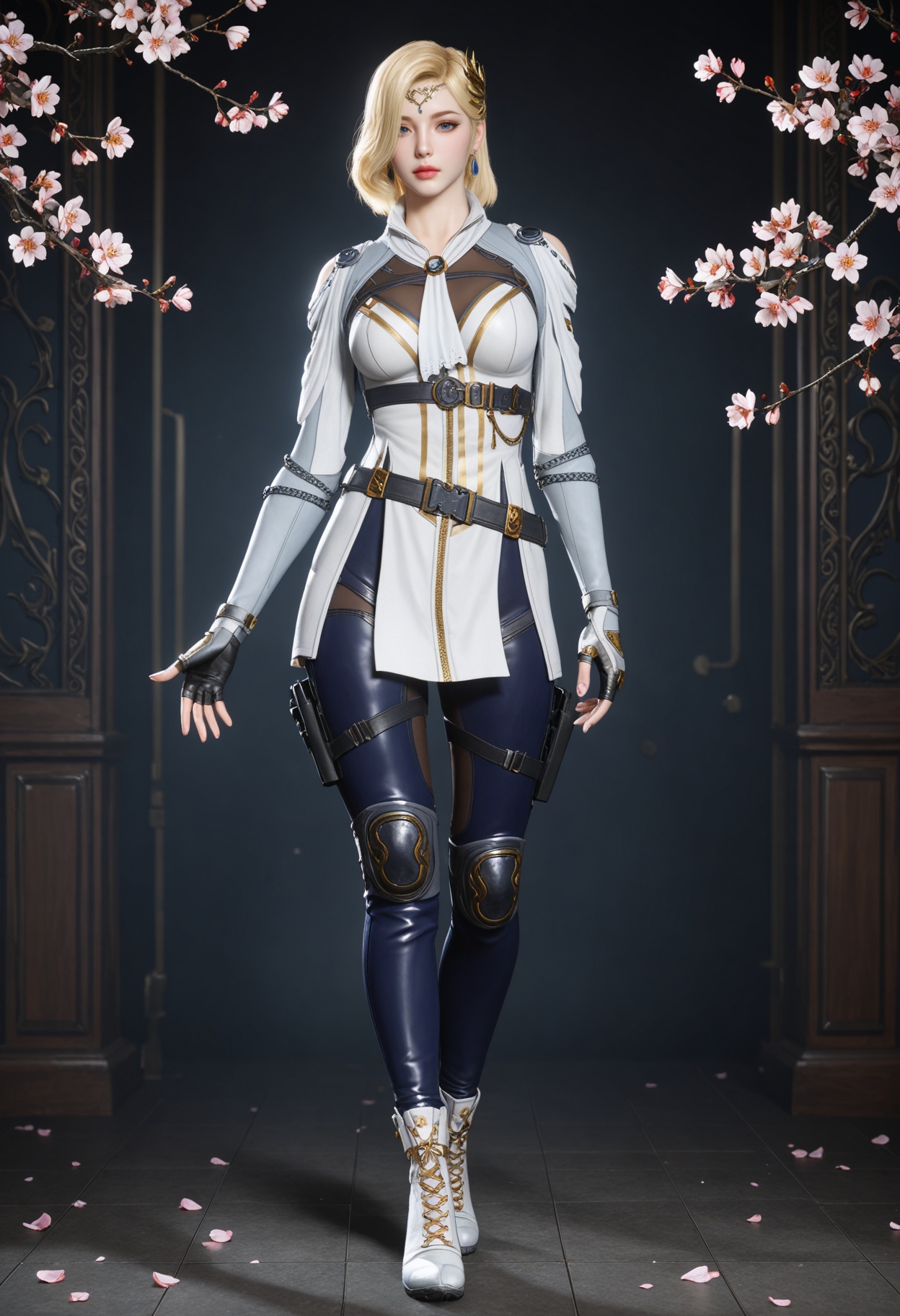 (full_body:1.1),(looking at viewer:1.1),facing viewer,direct gaze,(masterpiece:1.1),(best quality:1.2),(intricate details),(smog:1.3),(Dark room:1.3),(dim lighting:1.3),peach blossom,falling petals,<lora:YQ_Illustrious光辉v5_传说女帝_保卫者_V1:0.8>,1girl,q1528437228,solo,blonde hair,blue eyes,jewelry,earrings,belt,circlet,gloves,short hair,hair ornament,knee pads,boots,holster,pants,masterpiece,(best quality),(intricate details:0.9) BREAK (intricate details:0.9),(realistic skin:1.2),masterpiece,best quality,newest,absurdres,hiahres,