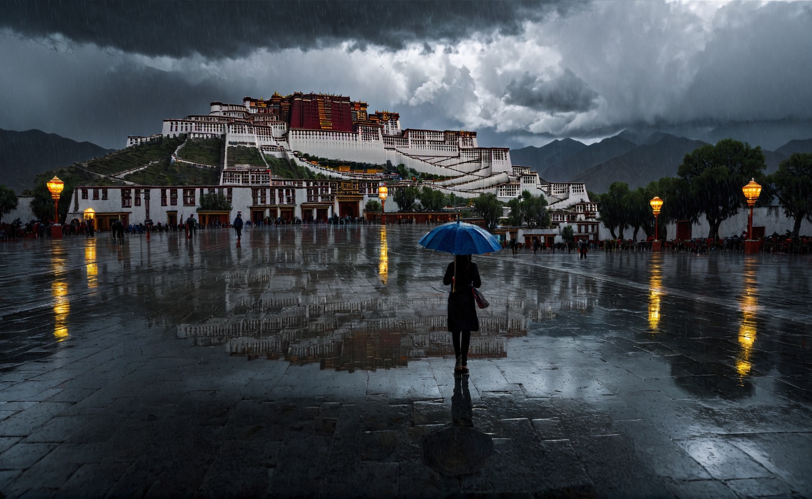 <lora:建筑-000002:0.6>,potala palace,rain,a person with umbrella,wet ground,reflection,low light,moody atmosphere,dramatic sky,dusk,street lamps,cultural,travel,lhasa,*****,dark clouds,overcast,backlit person,mysterious mood,(1girl:1.4),
