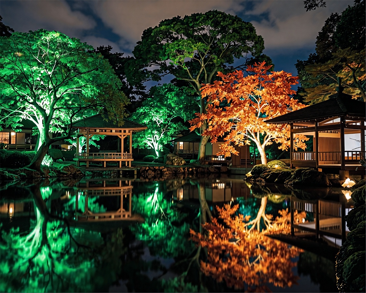 Nighttime lakeside garden illuminated by strategic uplighting casting vibrant green glow over dense canopy trees while one...
