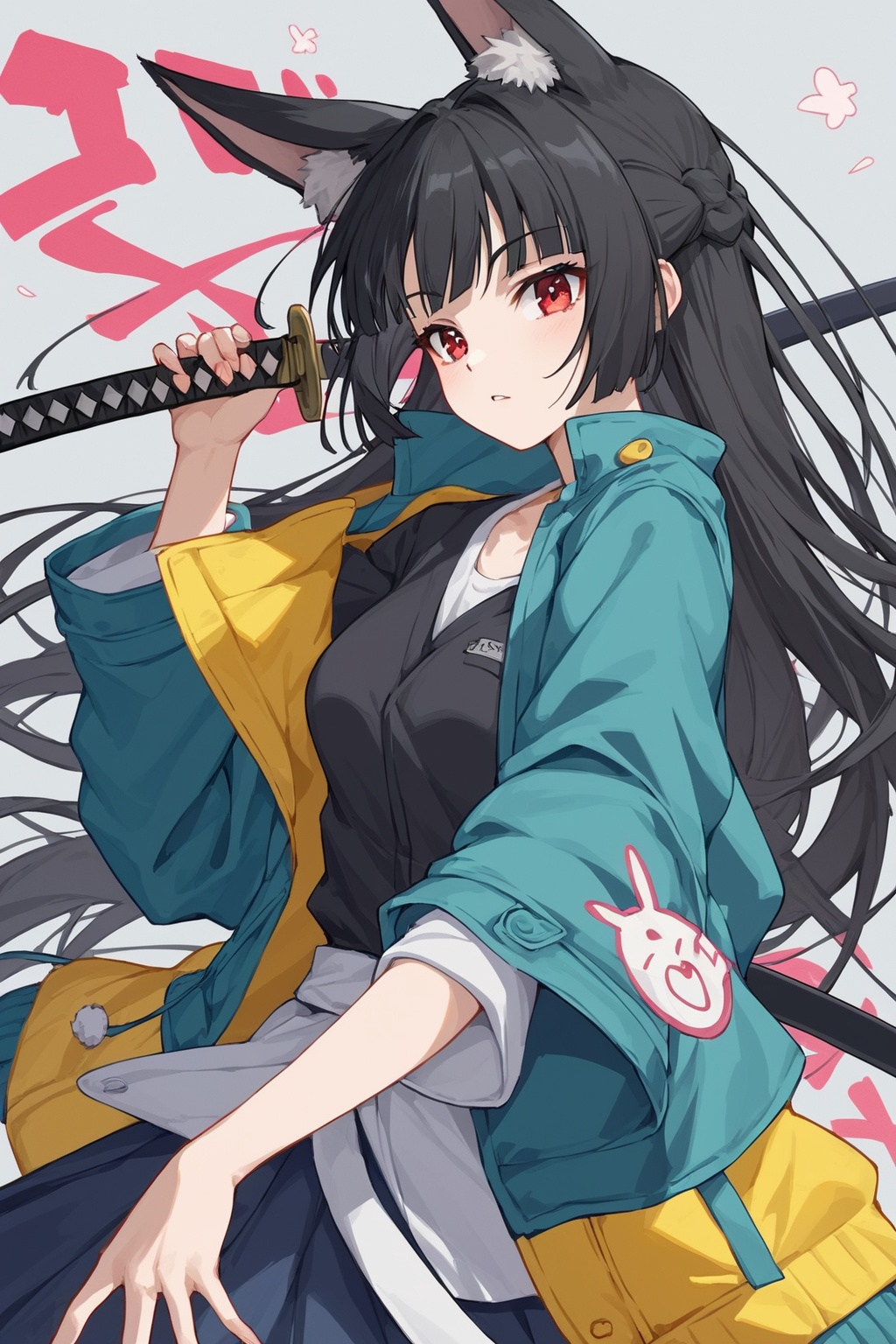 1girl,<lora:lora:0.9>,Hoshimi Miyabi,score_9,katana,shirt,jacket,animal ears,