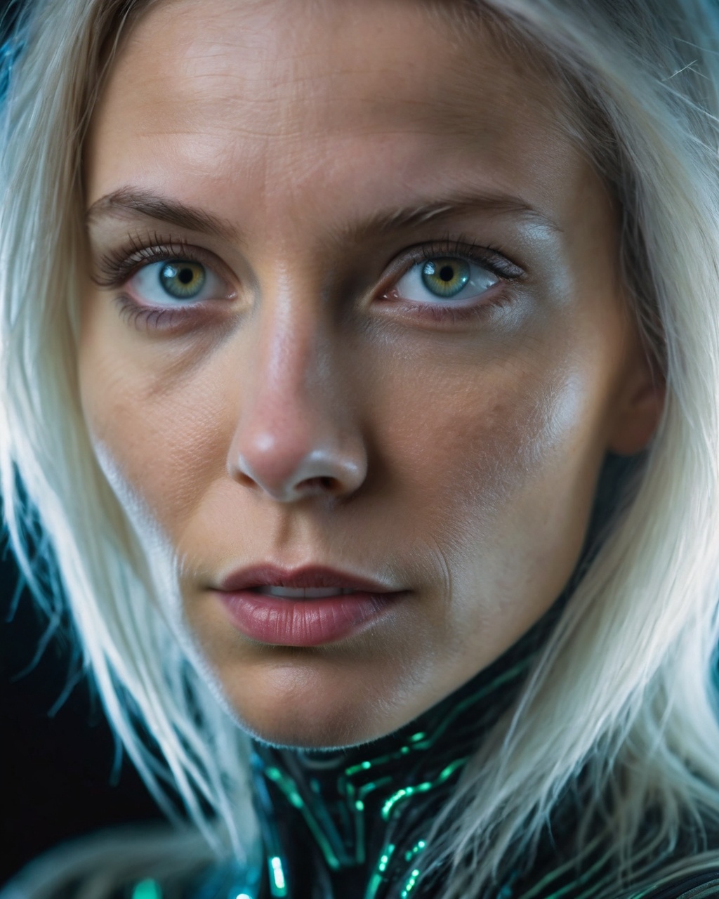 portrait of an extraterrestrial girl showcasing her entire head and shoulders,  with highly unusual facial features distin...