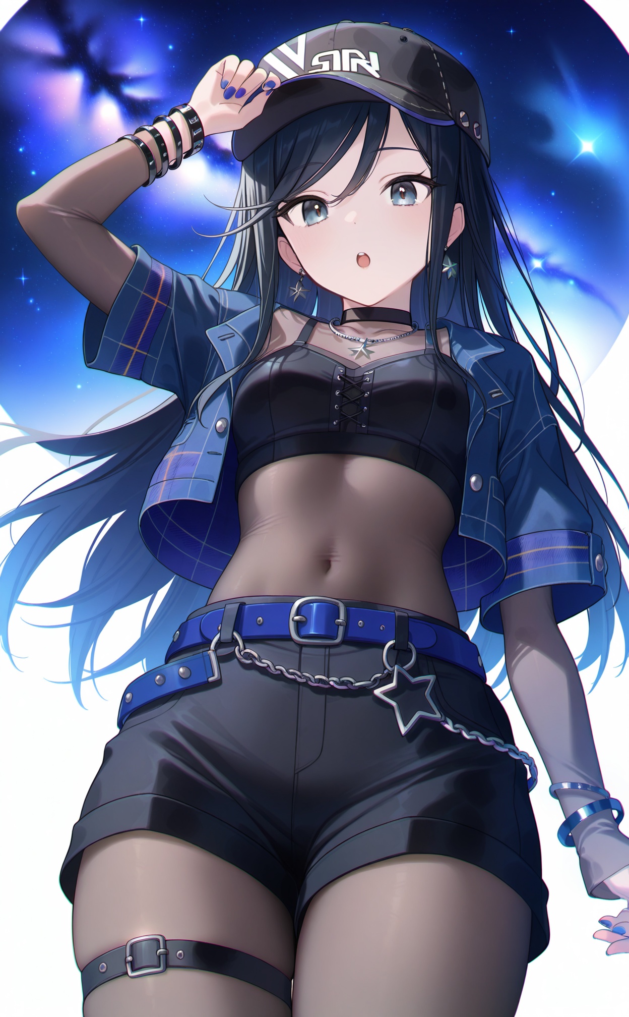 masterpiece,very aware,(highres),absurdres,newest,best quality,high quality,chromatic_aberration,White Theme,lightblue Theme,//,1girl, star earrings, shorts, jewelry, black hair, solo, long hair, hat, black shorts, jacket, baseball cap, thigh strap, earrings, see-through, blue belt, black headwear, star \(symbol\), breasts, looking at viewer, bodystocking, belt, :o, crop top, bracelet, chain, star \(sky\), open mouth, open jacket, looking down, grey eyes, choker, cowboy shot, swept bangs, white background, blue nails, covered navel, nail polish, open clothes, short shorts, from below, navel, necklace, midriff, simple background, black camisole, see-through shirt, cross-laced clothes, starry sky, fingernails, layered sleeves, hair between eyes, cropped jacket, long sleeves, black choker, gradient hair, blue jacket, black shirt, multicolored hair, purple nails, undershirt, nebula, transparent background, dot nose, sky, plaid jacket, shirt, official alternate costume, thighs, black eyes, fishnet top, short sleeves, fishnets, black jacket, starry background, standing//,absurdres,newest,very aesthetic,amazing quality,highres,sensitive,ultra detailed,best anatomy,HDR,8K,high detail RAW color art,high contrast,illustration,depth of field,(colorful),phenomenal aesthetic,detailed light,blurred picture,Tyndall effect,contrast,lens flare,cinematic lighting,//,<lora:timmoo——【noob】hans:1>,