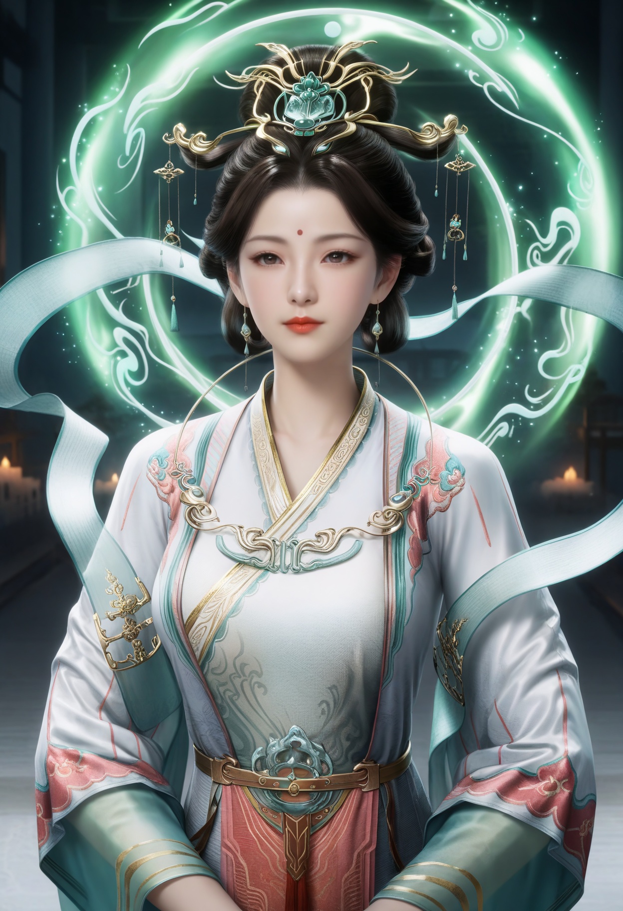 masterpiece,best quality,amazing quality,very aesthetic,high resolution,ultra-detailed,absurdres,scenery,photorealistic,(looking at viewer:1.1),upper body,(Dark room:1.3),(moody lighting:1.1),peach blossom,falling petals,(large breasts:0.8),xiwangmu,1girl,solo,black hair,hair ornament,jewelry,earrings,chinese clothes,forehead mark,light particles,swirling aura,realistic,hair bun,shawl,hanfu,red lips,long sleeves,closed mouth BREAK photorealistic details,<lora:QQSillxiwangmuV1:0.8>,