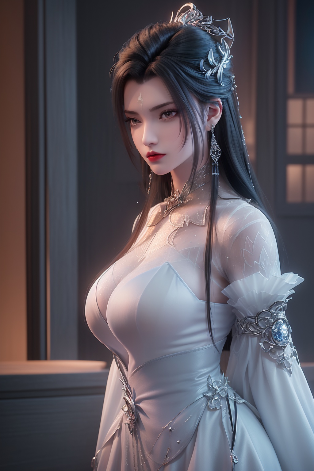photo_\(medium\),(8k, RAW photo, best_quality),(masterpiece:1.2),(realistic:1.2),(photorealistic:1.3),(ultra-detailed),(extremely_detailed_cg_8k_wallpaper),(crystal_texture_skin:1.3),(shiny:1.2),(shiny_skin:1.4),(extremely_delicate_and_beautiful),petals,flower,sky,cherry blossoms,falling petals,fair skin,landscape,full_shot,shenfengLuXueQiSecondClothing,1girl,solo,dress,standing,torogao,breasts,hair bun,jewelry,hair ornament,earring,red lips,realistic,looking at viewer,<lora:shenfengLuXueQiSecondClothing_20240802075632-000004:0.7>,