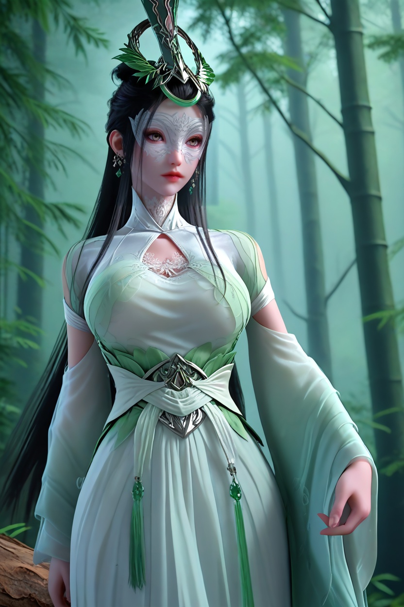 (Balancing on a fallen tree trunk in a misty forest, she blends effortlessly with the enchanting surroundings:1.2),<lora:XL16神国之上陆嫁嫁:1.05>,miss lujiajia,(domino mask:1.2),mint green chinese clothes of sheer chiffon,brown eyes,black hair,single hair bun with long front strands,very long hair,hair ornament,jewelry,sash,wide flowing sleeves,(large breasts:1.2),bamboo forest,water,river,stone,, score_9,score_8_up,score_7_up,score_6_up,score_5_up,score_4_up,3d rendering,tag1,tag2, Cinematic Lighting,backlighting,