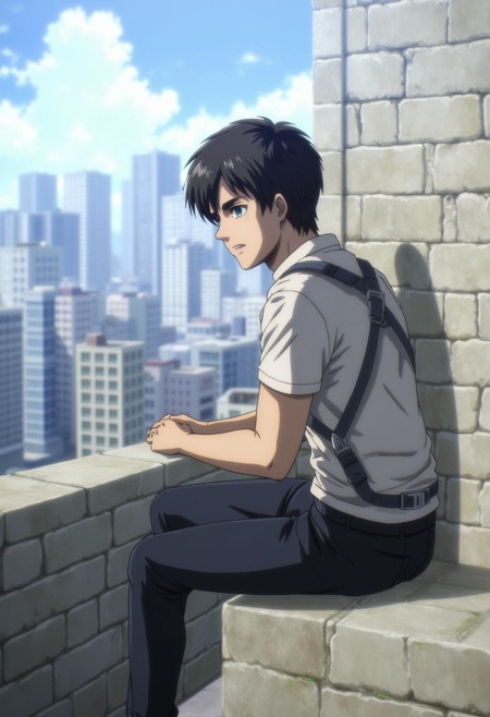 A poignant illustration of Eren Yeager perched on a rooftop,  wearing his omnidirectional gear. He gazes out over the city...