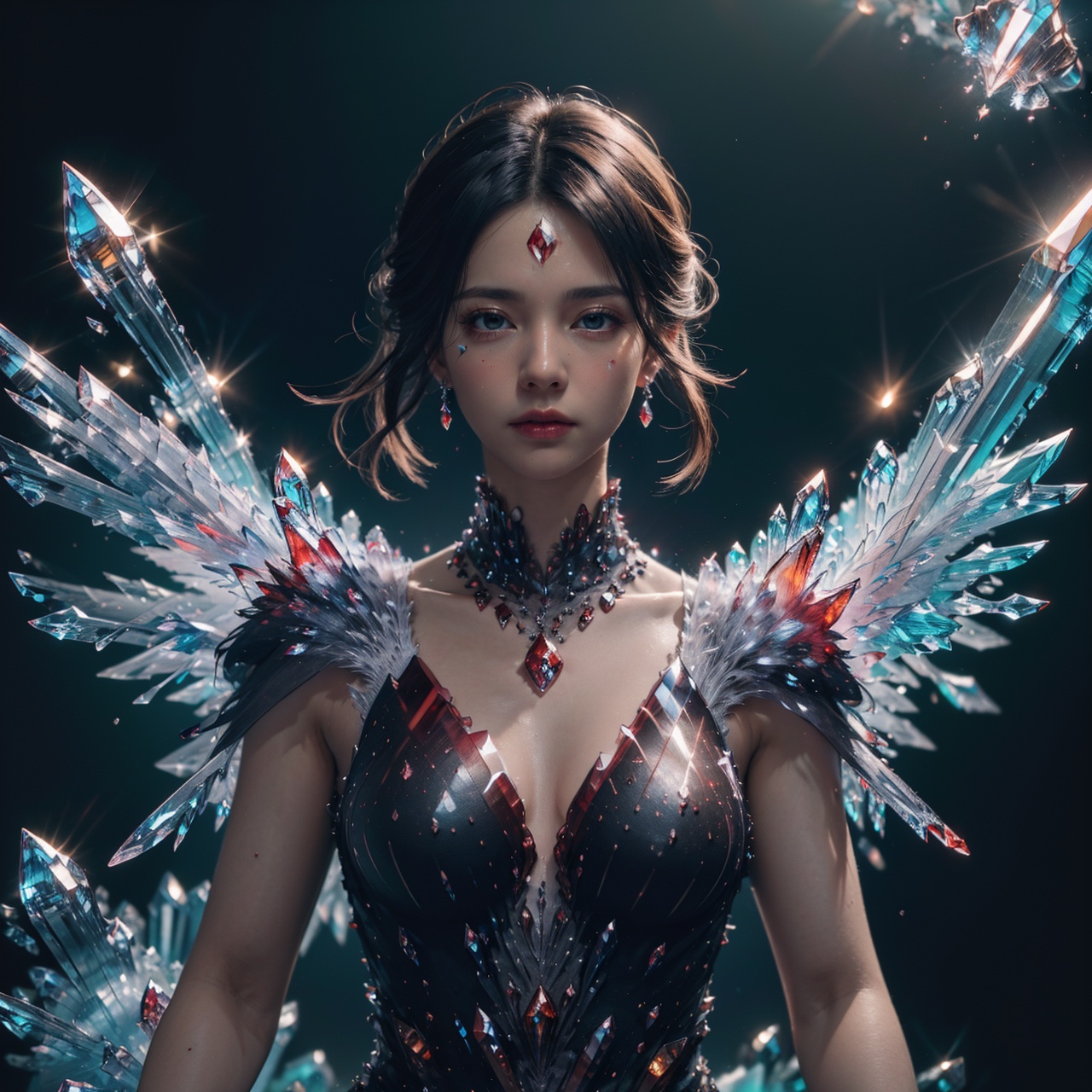 (best quality:1.4),(masterpiece:1.4),(photorealistic:1.4),(Realistic:1.2),(ultra high res, raw photo:1.4),(hdr, hyperdetailed:1.2),(8K:1.2),(1girl:1.2),(upper body:1.4),highly detailed,sharp focus,dynamic lighting,vivid colors,texture detail,particle effects,(black long straight hair:1.2),(red crystalz:1.5),(crystalz dress:1.4),(crystalz wing:1.5),<lora:Again_Crystalz:1>,