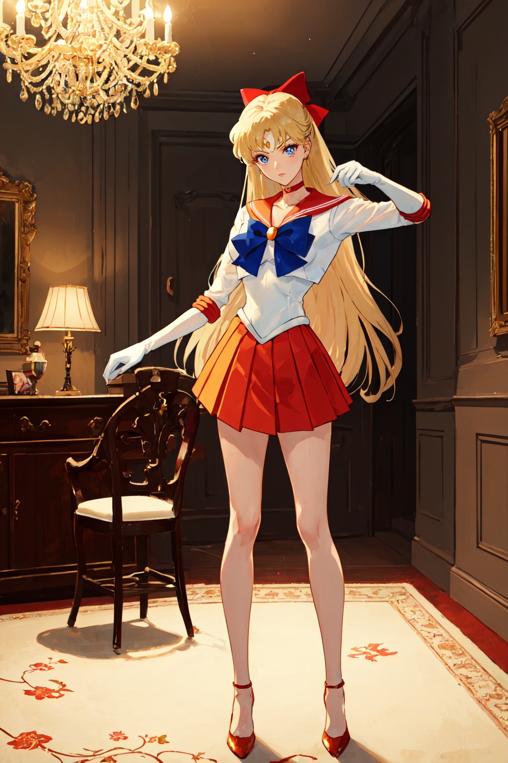 1girl,looking at viewer,solo,long hair,very long hair,blonde hair,blue eyes,choker,tiara,sailor collar,hair bow,bow,gloves,skirt,high heels,sailor senshi uniform,standing,<lora:Minako:0.8>,Minako_CYQL,panorama,beautiful face,beautiful eyes,glossy skin,shiny skin,Dining table, Chairs, Chandelier, Sideboard, Artwork,beautiful detailed sky,beautiful detailed glow,posing in front of a colorful and dynamic background,masterpiece,best quality,beautiful and aesthetic,contrapposto,female focus,wallpaper,fashion,