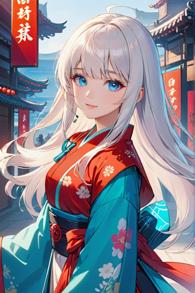 anime artwork lucy \(cyberpunk\), a beautiful girl\(sunny and cheerful\), solo, animification, long white hair, bangs, blue eyes, hanfu\(red\),