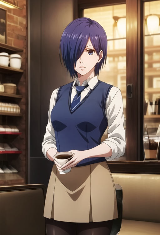 masterpiece,best quality,<lora:add_detail:0.5>,<lora:wddx:1>,solo,1girl,kirishima touka,serious,looking at viewer,blue hair,hair over one eye,blue eyes,white shirt,necktie,sleeves rolled up,black vest,brown skirt,pantyhose,coffee shop,