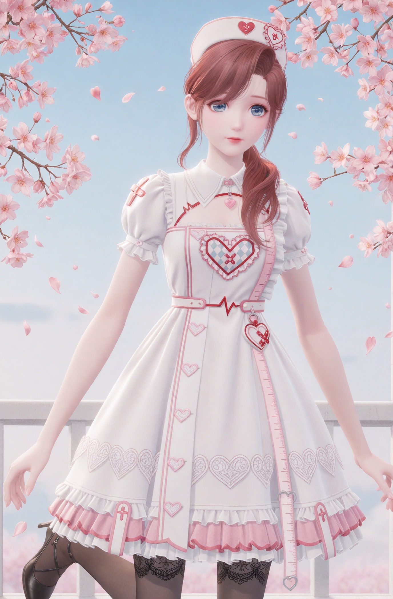 (upper_body:1.1),looking_at_viewer,Pastel Colors,southeast asia,beautiful detailed sky,peach blossom,falling petals,smog,yunxia,<lora:YQ_li光辉v5_nuannuan12_V5:0.8>,1girl,q1528437228,solo,frills,dress,white dress,pantyhose,short sleeves,thighhighs,heart,brown hair,long hair,puffy sleeves,hat,nurse cap,nurse,puffy short sleeves,high heels,black footwear,black thighhighs,lace trim,blue eyes,hair over shoulder,black pantyhose,heart print,ponytail,skirt,frilled dress,frilled skirt,lace,pink skirt,clothing cutout,strappy heels,red hair,cleavage cutout,jewelry,