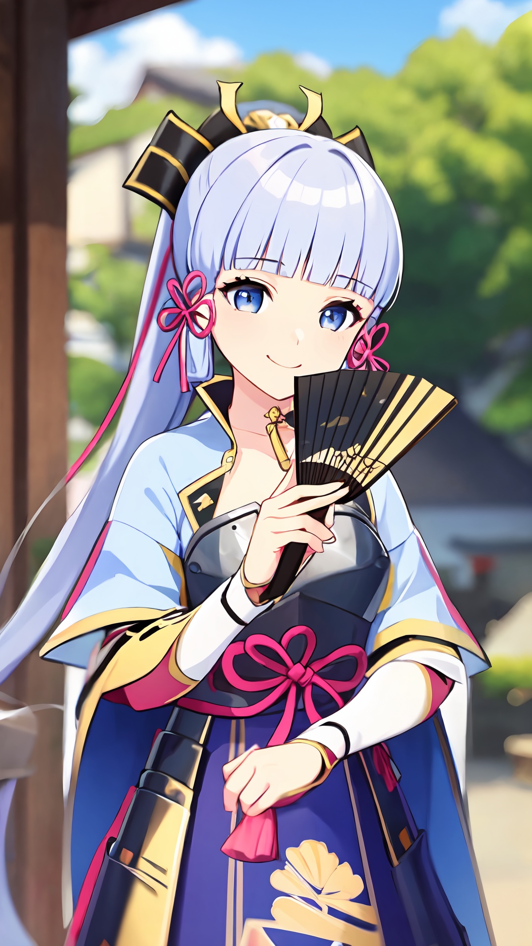 masterpiece,best quality,ayaka,kamisato ayaka,1girl,solo,bangs,ponytail,blunt bangs,smile,armor,holding,long hair,hair ornament,blue eyes,hand fan,blurry,breastplate,hair ribbon,sidelocks,food,ribbon,holding fan,folding fan,<lora:ayaka:0.8>,