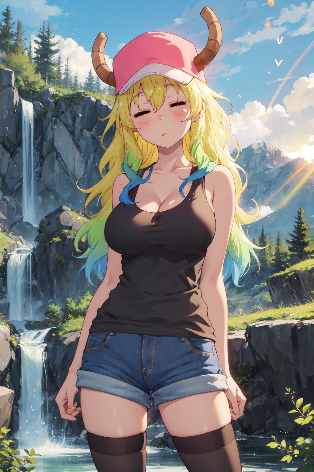 <lora:Quetzalcoatl-000019:0.8>,Lcoa CYQL,1girl,looking at viewer,solo,dragon girl,long hair,blonde hair,green hair,multicolored hair,gradient hair,horns through headwear,dragon horns,hat,pink headwear,closed eyes,**** top,black **** top,breasts,large breasts,cleavage,shorts,denim shorts,thighhighs,black thighhighs,denim,blue shorts,female_orgasm,bust,Within a mountain ravine, a waterfall plunges like a white silk ribbon, its roar deafening. Mist sprays everywhere, creating rainbows as sunlight pierces through the droplets, shimmering with a spectrum of colors,(Exotic plants, Botanical specimens, Glass conservatory, Evening glow, Tropical flora, Controlled environment:0.5),beautiful detailed sky,beautiful detailed glow,posing in front of a colorful and dynamic background,masterpiece,best quality,beautiful and aesthetic,contrapposto,female focus,wallpaper,