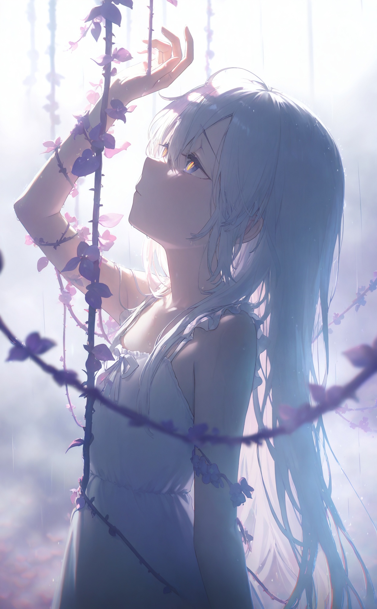masterpiece,highres,absurdres,newest,best quality,high quality,loli,petite,chromatic_aberration,//,illustration,ultra detailed,hdr,Depth of field,(colorful),loli,white background,Dundar effect,a lot of purple vines,vines covering half of the painting,delicate plant details,a girl,girl,petite girl,long white hair,golden pupils,white dress,bare feet,side,side,upper body,head up,sad eyes,rain,light,figure light,petals,purple filter,left,fog,dream,unreal,Blur,float light,//,<lora:konya_karasue3——【noob】hans:0.7>,