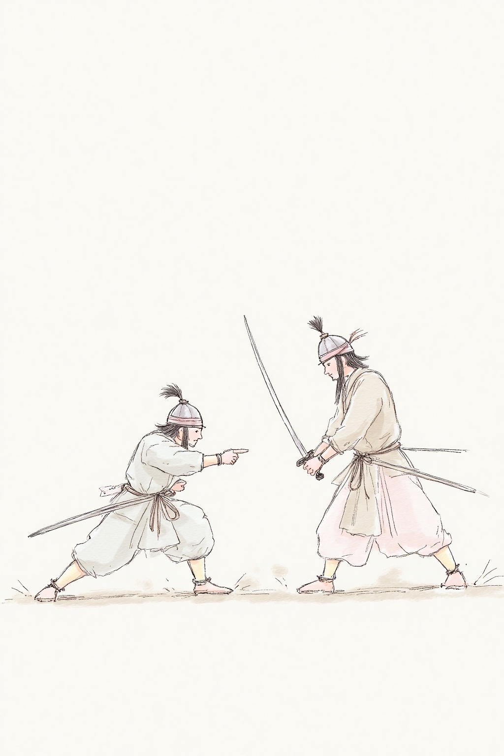 beijihui,a pencil sketch of two Asian men engaged in a fight. The man on the right is dressed in a traditional native garb,adorned with a long skirt and a hat. He is holding a sword in his right hand,and his left hand is pointed towards the left. His right hand is raised in the air,adding a touch of balance to the scene. His left hand rests on his hip,while his right arm is positioned in the same way. The background is a stark white,allowing the men to stand out from the rest of the frame.,