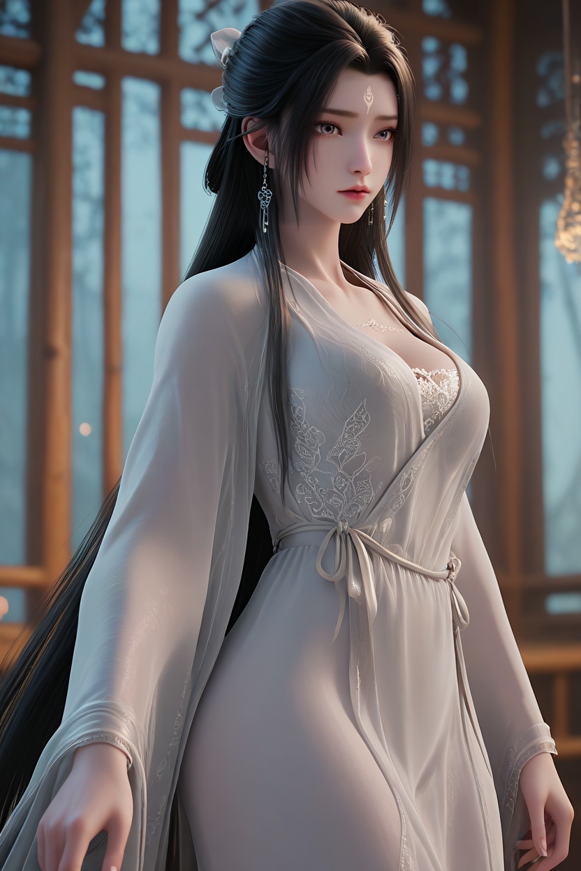 <lora:XL16诛仙陆雪琪单衣:0.95>,miss luxueqi,see-through robe,white hanfu,white lace bandeau,forehead mark,black hair,very long hair,long front strands,(large breasts:1.2),, score_9,score_8_up,score_7_up,score_6_up,score_5_up,score_4_up,3d rendering,tag1,tag2, Cinematic Lighting,backlighting,