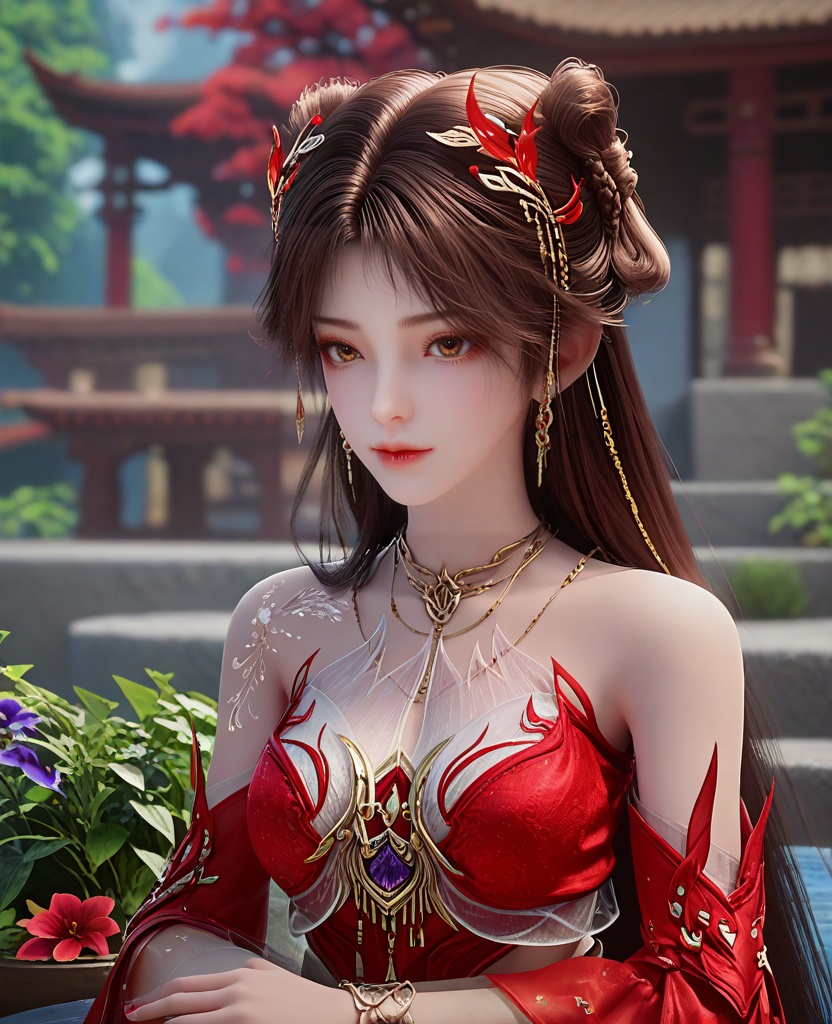 (oriental architecture, elegant decor, sophisticated style:1.1),gardening,(breasts:1.2),<lora:XL16完美世界火灵儿天神境:0.95>,miss huolinger,solo,red dress,brown eyes,brown hair,absurdly long hair,double bun,hair ornament,jewelry,detached sleeves,bracelet,, zPDXL2, score_9, score_8_up, score_7_up BREAK realistic, masterpiece,best quality, highly detailed,, zPDXL3, zPDXL2,zPDXL, zPDXLxxx, zPDXLrl,