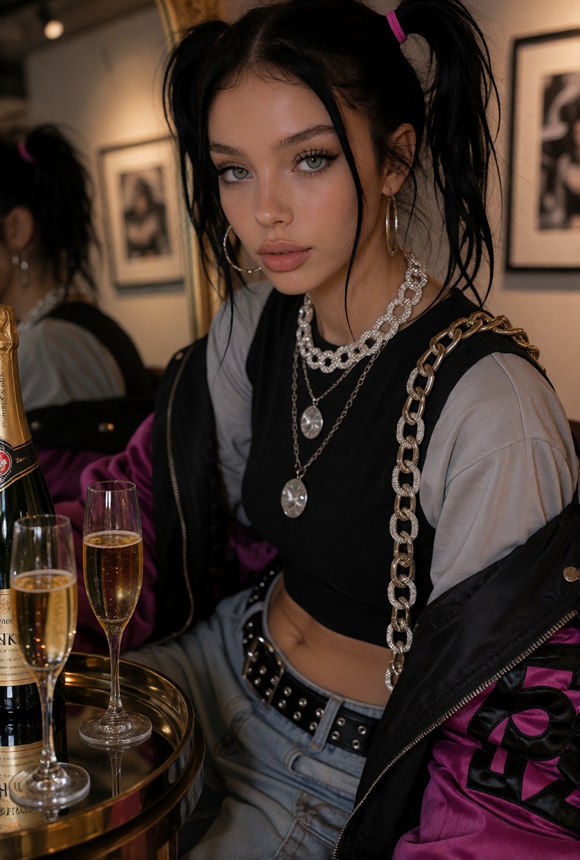MikaX,  long black hair styled in high twin ponytails with pink hair ties and loose face-framing strands.***** women with...