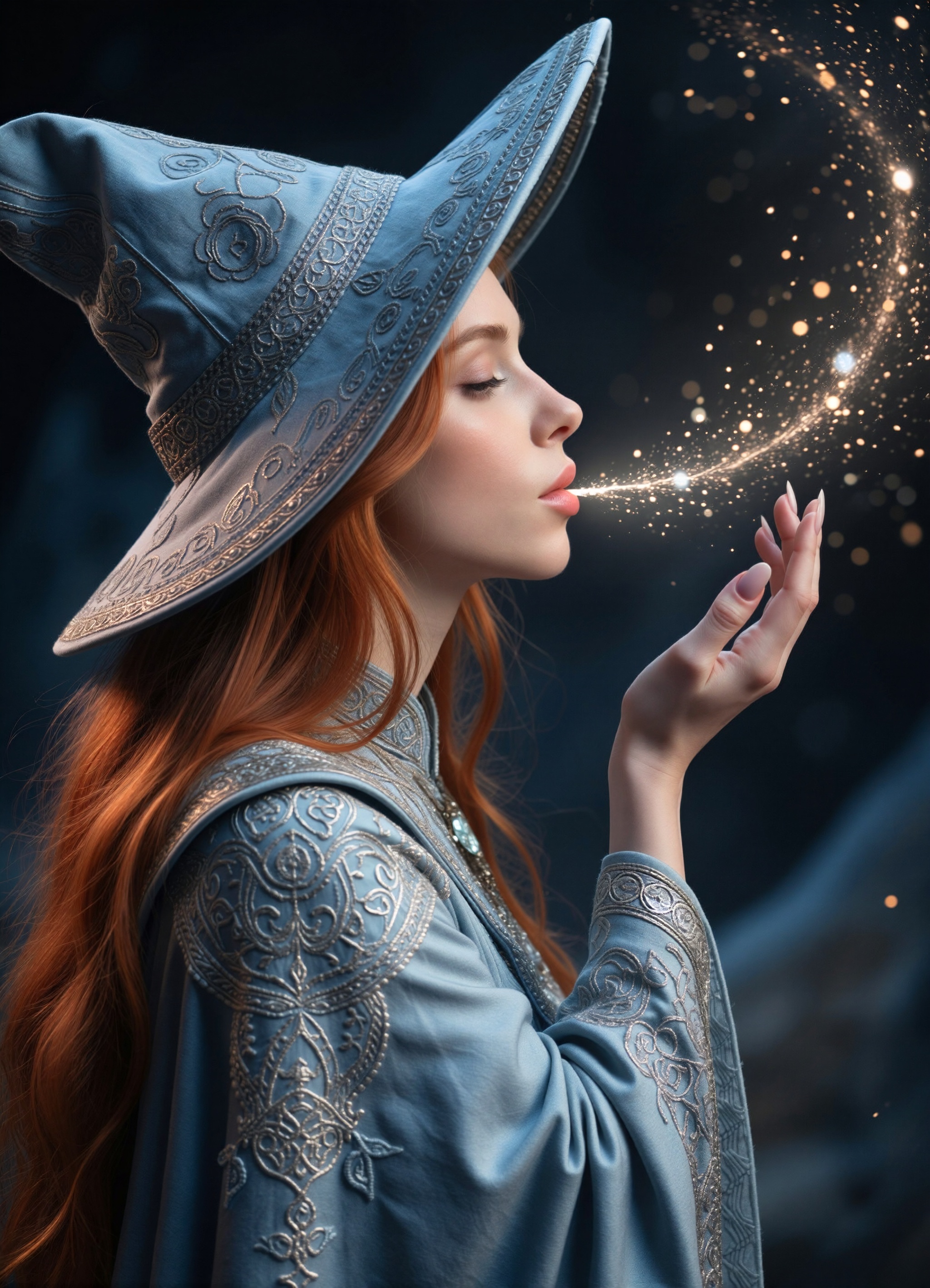 cinematic photorealistic fantasy wizard girl,  ultra-detailed portrait in profile from the side with the camera tightly fo...