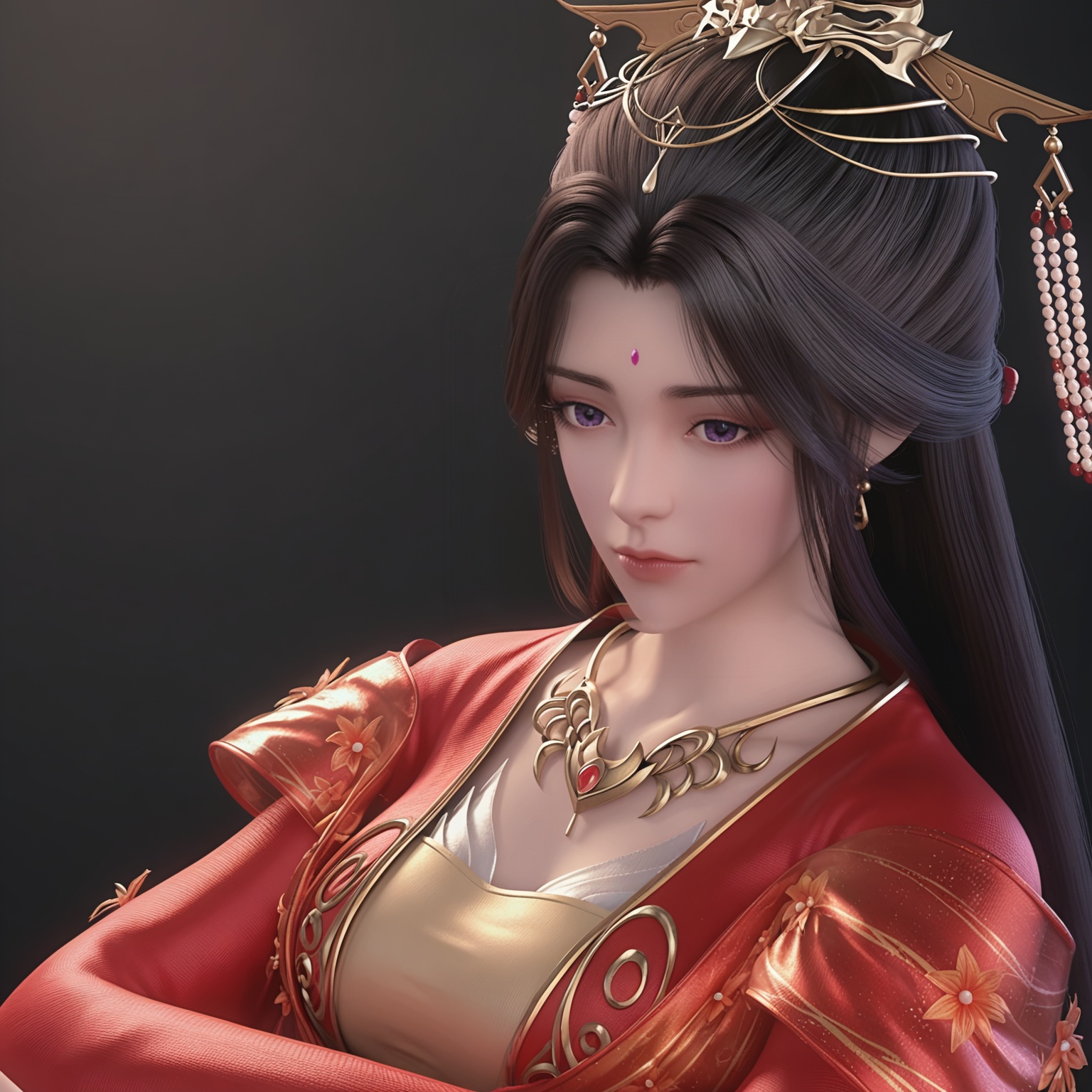 <lora:YQponyyuecan_hunzhuangV4:0.8>,q1528437228,1girl,solo,long_hair,jewelry,hair_ornament,black_hair,brown_hair,(red_dress:1.1),earrings,dress,chinese_clothes,forehead_mark,necklace,realistic,long_sleeves,purple_eyes,wide_sleeves,hair_bun,hanfu,beads,hair_stick,flower,armor,half_updo,puffy_sleeves,BREAK score_9,upper_body,portrait,shiny_skin,looking at viewer,cinematic lighting,volumetric lighting,solo focus,(huge breasts:0.9),(simple background,pure black background,black background:1.1),