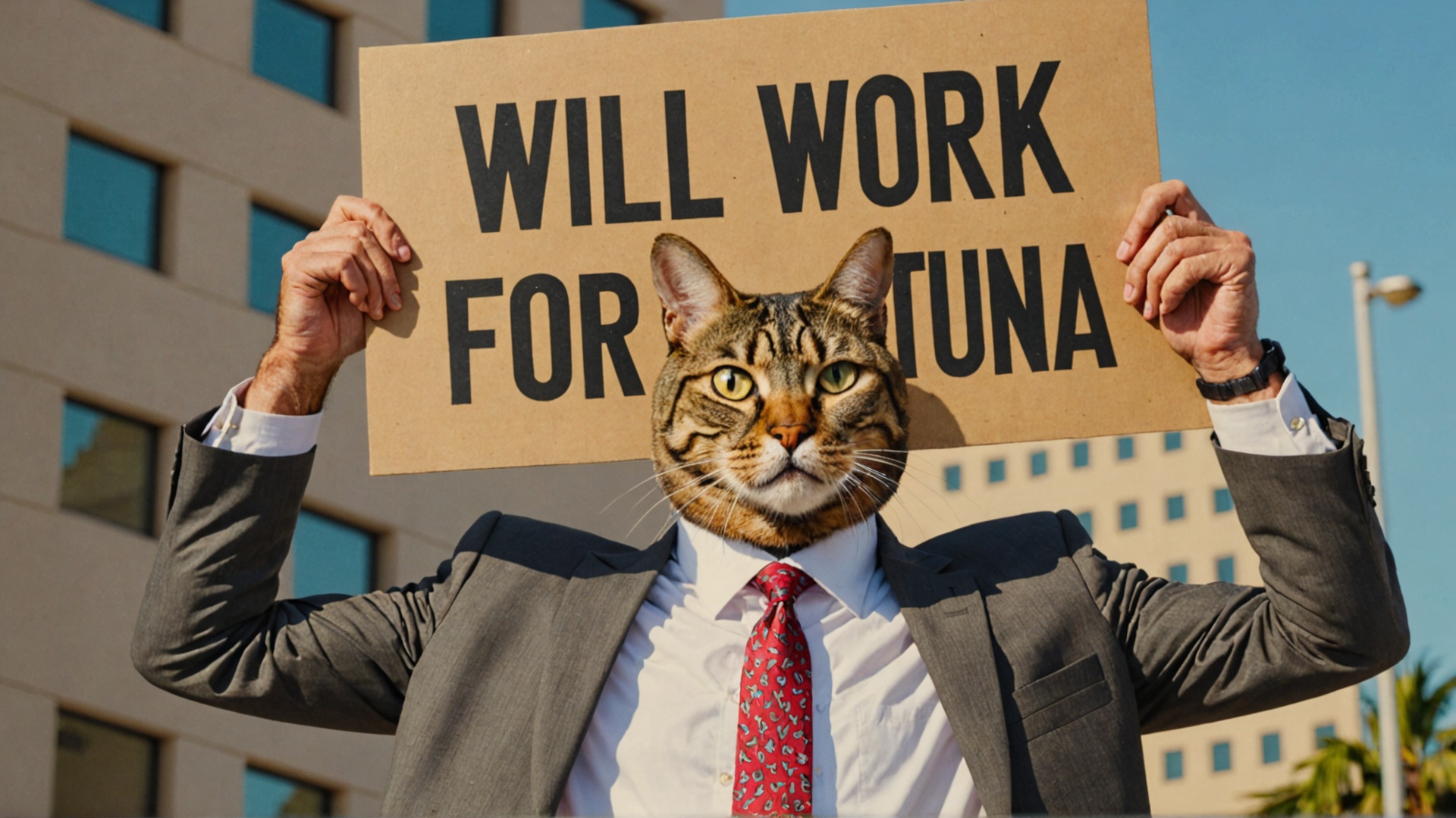 A man in a suit,  with a cat head,  holding a sign saying "will work for tuna" on Tensor.Art