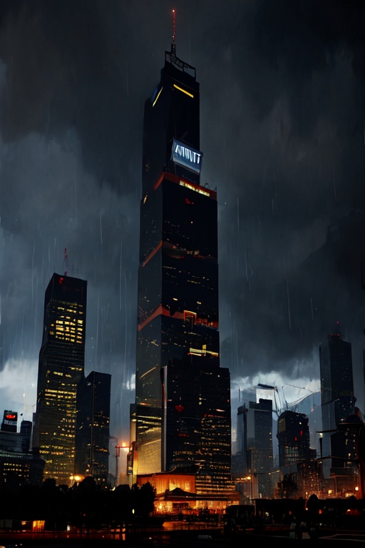 xxzr,<lora:xszr_v1.0:1>,chinese style terrorism,horror comics,cloud,rain,scenery,no humans,cloudy sky,sky,cityscape,city,building,night,outdoors,skyscraper,