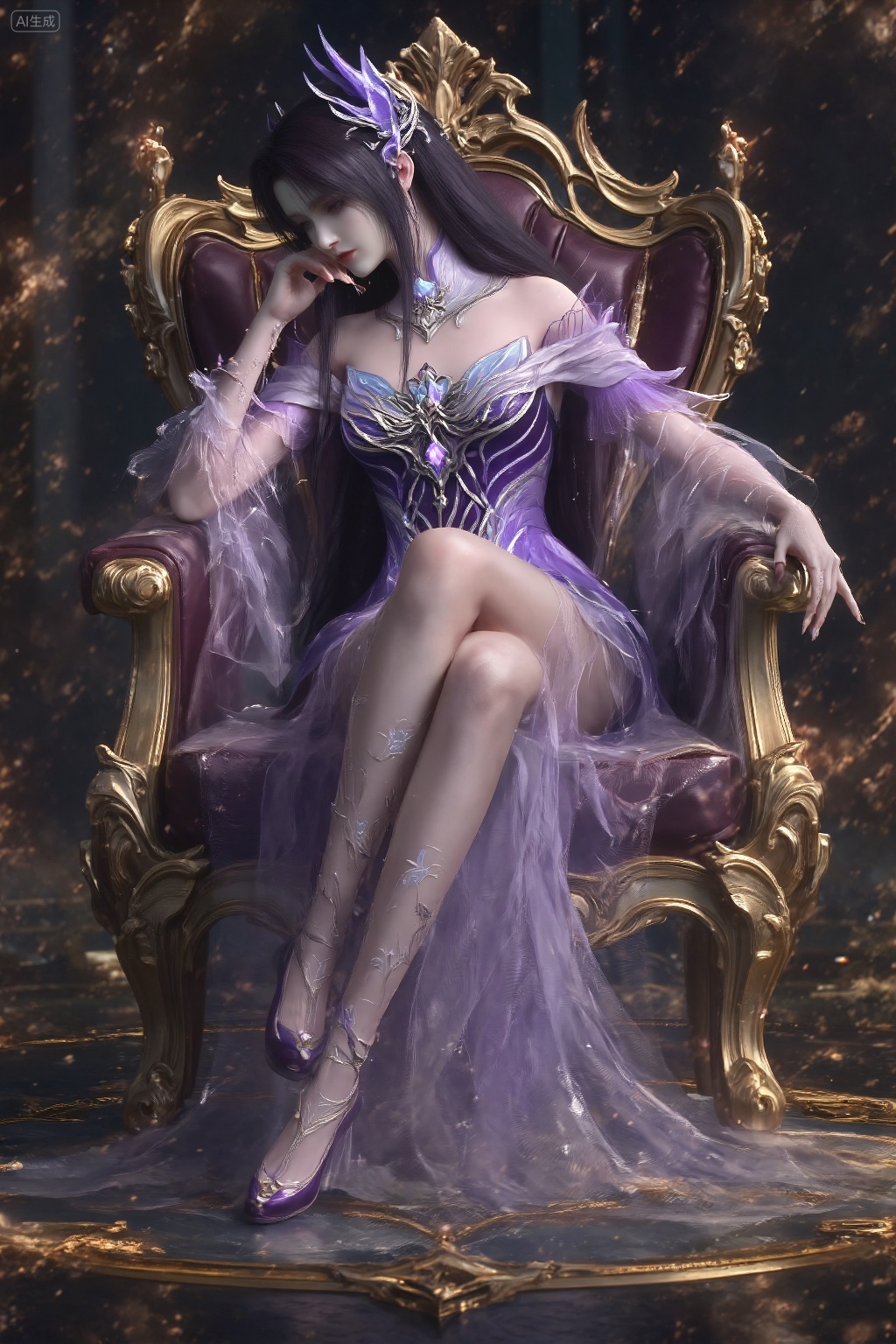 A digital artwork of a beautiful,ethereal woman with long,dark hair and pale skin,wearing a flowing,purple,semi-transparent dress adorned with intricate floral patterns and glowing purple accents. a woman's legs in elegant,sheer purple stockings adorned with intricate floral patterns and silver accents,paired with matching high-heeled shoes., She sits in a large, ornate chair with her legs crossed and her left leg resting over her right knee. Her left arm is bent, with her hand resting against her cheek, while her right arm rests on the armrest of the chair. Her posture is relaxed yet confident, exuding an air of authority. The scene is enhanced by dramatic lighting that creates a soft golden glow on her skin and highlights the textures of the chair. Shadows are cast strategically to add depth and contrast, enhancing the luxurious and regal atmosphere of the setting., best quality,astonishing quality,ultimate aesthetics,absurd,best quality,ultimate aesthetics,masterpiece,emotional masterpiece,extraordinary above all,mastery of details,, Negative prompt: ng_deepnegative_v1_75t,(badhandv4:1.2),EasyNegative,(worst quality:2),,nsfw, Steps: 30, Sampler: DPM++ 2M, CFG scale: 3.5, Seed: 4019881743, Size: 1024x1536, Model hash: 062dad72b2, Model: 麦橘超然majicFlus_v1.safetensors, Denoising strength: 0, RNG: CPU, Lora 1: 《金芒逸凤》唯美古风主题风格化lora|摄影|海报设计, Lora Hash 1: 779d600c15, Lora Weight 1: 0.7, Lora 2: MAJICFLUS_麦橘光影约拍, Lora Hash 2: 158a204aee, Lora Weight 2: 0.7, Lora 3: 极致逼真美感模型, Lora Hash 3: 3ef31b4d84, Lora Weight 3: 1.05, vae_name: automatic