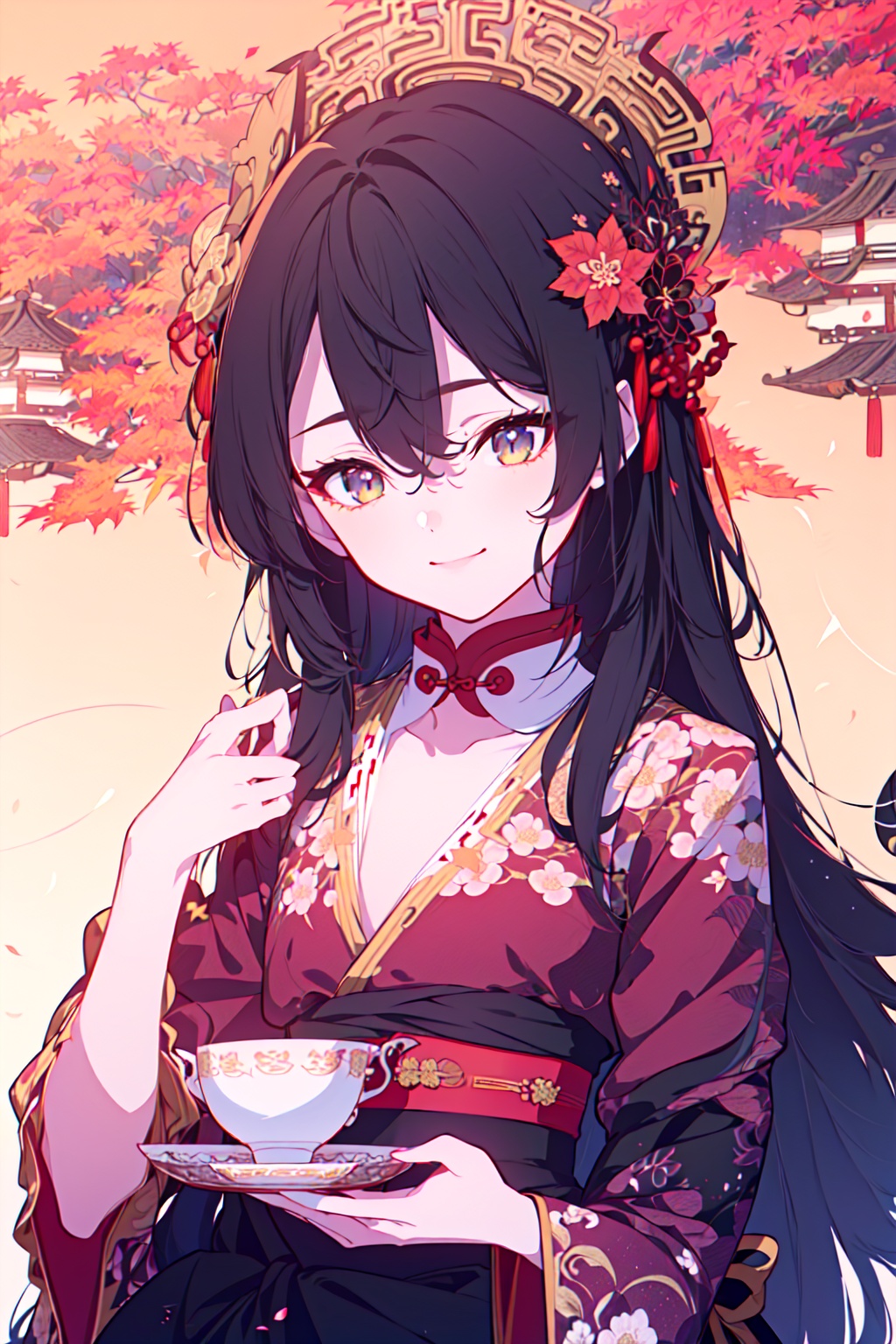 (((masterpiece))),best quality,watercolor,(take the teacup:1.2),(((illustration)),((Chinese_style)), (red:1.1), (((beautiful detailed girl))),small chest, (tea), smile, ((delicate cute face)),Golden_eyes, Straight hair,black_hair,flower, maple leaf, (hanfu),silky,luxuriant,black layered dress,(in_autumn),beautiful_landscape,light particles,,