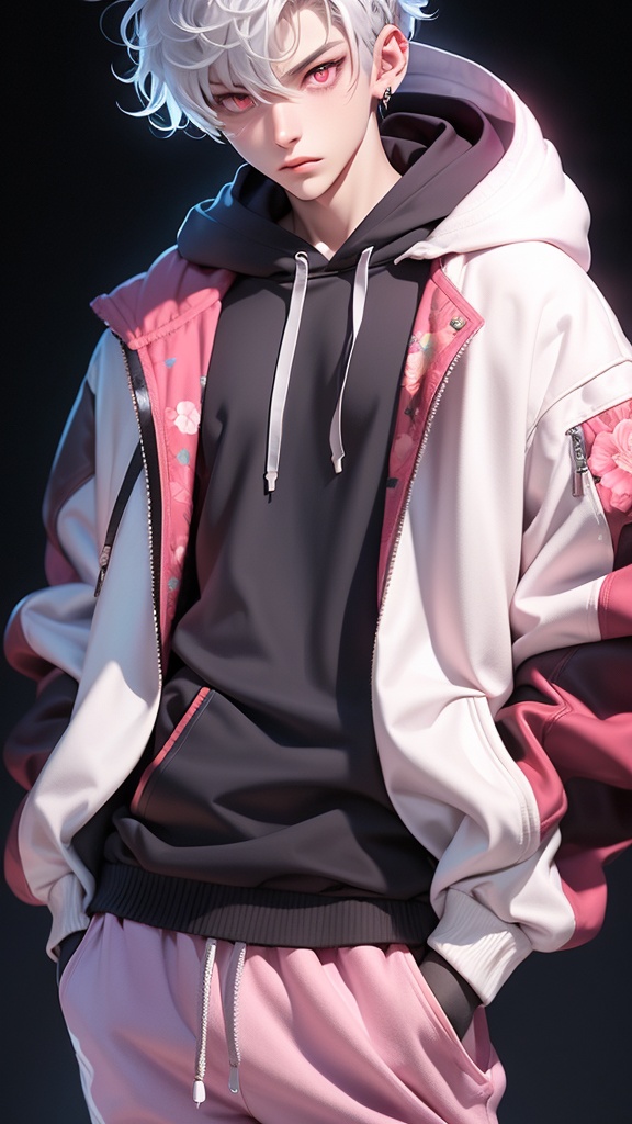 CG,1boy, solo, male focus, hood, white hair, looking at viewer, hoodie, pink eyes, hood down, glowing, jacket, glowing eyes, black background, cowboy shot, simple background, short hair, hands in pockets, curly hair, closed mouth, floral print, pants, open clothes, long sleeves, sleeves past wrists, lips