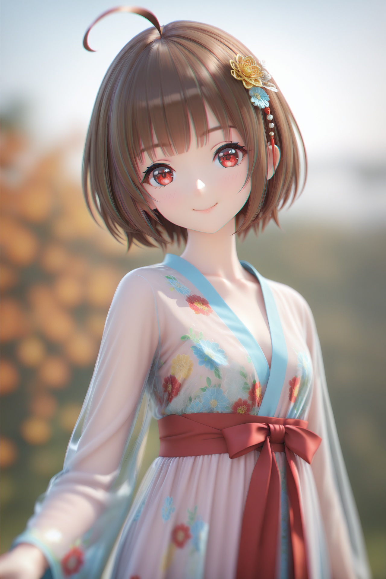 (masterpiece),(best quality),illustration,ultra detailed,hdr,Depth of field,(colorful),(chromatic aberration),mmd,1girl,solo,red eyes,looking at viewer,hair ornament,short hair,upper body,brown hair,blurry,ahoge,bangs,chinese clothes,see-through,depth of field,hanfu,smile,floral print,closed mouth,