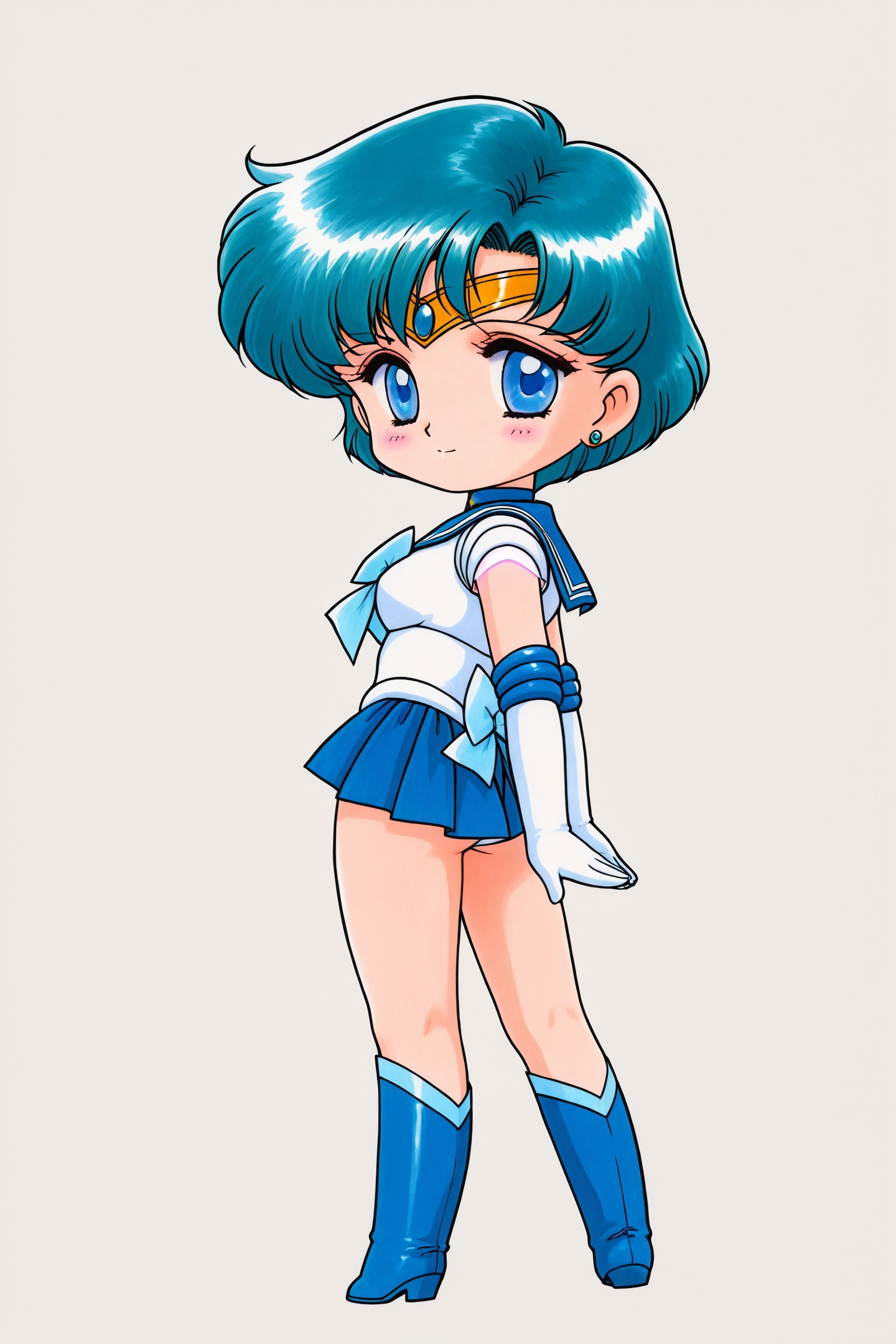 Juu Kuroinu Style,1girl,sailor mercury,mizuno ami,magical girl,solo,sailor senshi uniform,blue hair,blue eyes,back bow,blue skirt,skirt,blue footwear,boots,sailor collar,gloves,knee boots,short hair,blue sailor collar,blue choker,choker,tiara,bow,elbow gloves,full body,looking back,jewelry,white background,pleated skirt,earrings,chibi,<lora:black dog chibi_illustriousXL:1>,