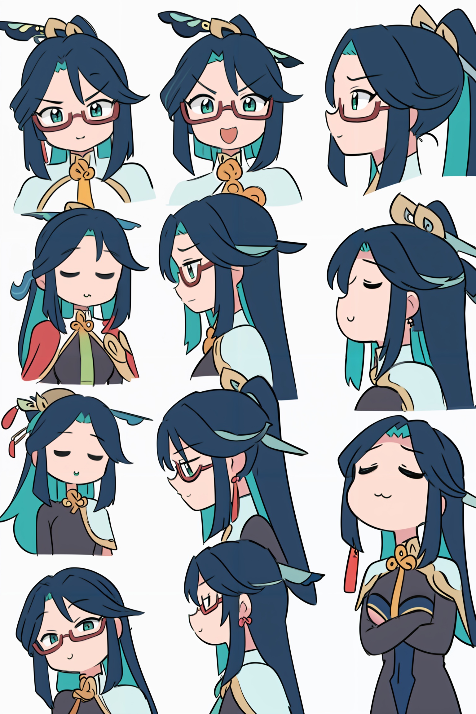 masterpiece, best quality, <lora:style05:1>,comic,board,(white background:1.2),(chibi:1.3),multiple view,face,smile,sad, open eyes,closed eyes, half-closed eyes, angry, ^_^,:3,  <lora:xianyun-v2:1.2>,multiple girls,(hair ornament:1.4),multicolored hair,very long hair, ponytail,green eyes,(red glasses:1.2),under-rim eyewear, earrings, tassel,jewelry, profile, bodysuit, capelet,