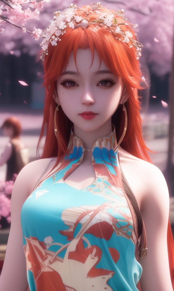 (,1girl, ,best quality, ),looking at viewer, <lora:368-DA-沧元图-柳七月-凤凰变身:0.8>ultra detailed background,ultra realistic 8k cg,ultra detailed 8k cg,masterpiece,upper body,  (( , )),, ,science fiction,mole, ultra realistic 8k cg, ,tamari \(flawless\),   ,outdoors, sun,sunlight, cherry blossoms,      (()), (),