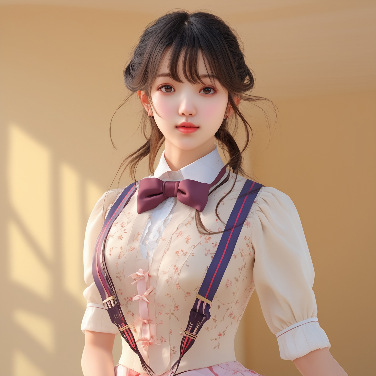 (RAW photo, best quality), (realistic, photo-realistic:1.3), best quality ,masterpiece, an extremely delicate and beautiful, extremely detailed ,CG ,unity ,2k wallpaper, Amazing, finely detail, masterpiece, light smile, best quality, extremely detailed CG unity 8k wallpaper, huge filesize , ultra-detailed, highres, extremely detailed,1girl, solo,black eyes,lips,hairs,(Ultra Fine),(Full Body:1.2),outdoor,(Beautiful detailed face),(Beautiful and meticulous eyes),(color background:1.2),1girl,beautiful detailed eyes,side blunt bangs,hairs between eyes,ribbons,bowties ,(full body),