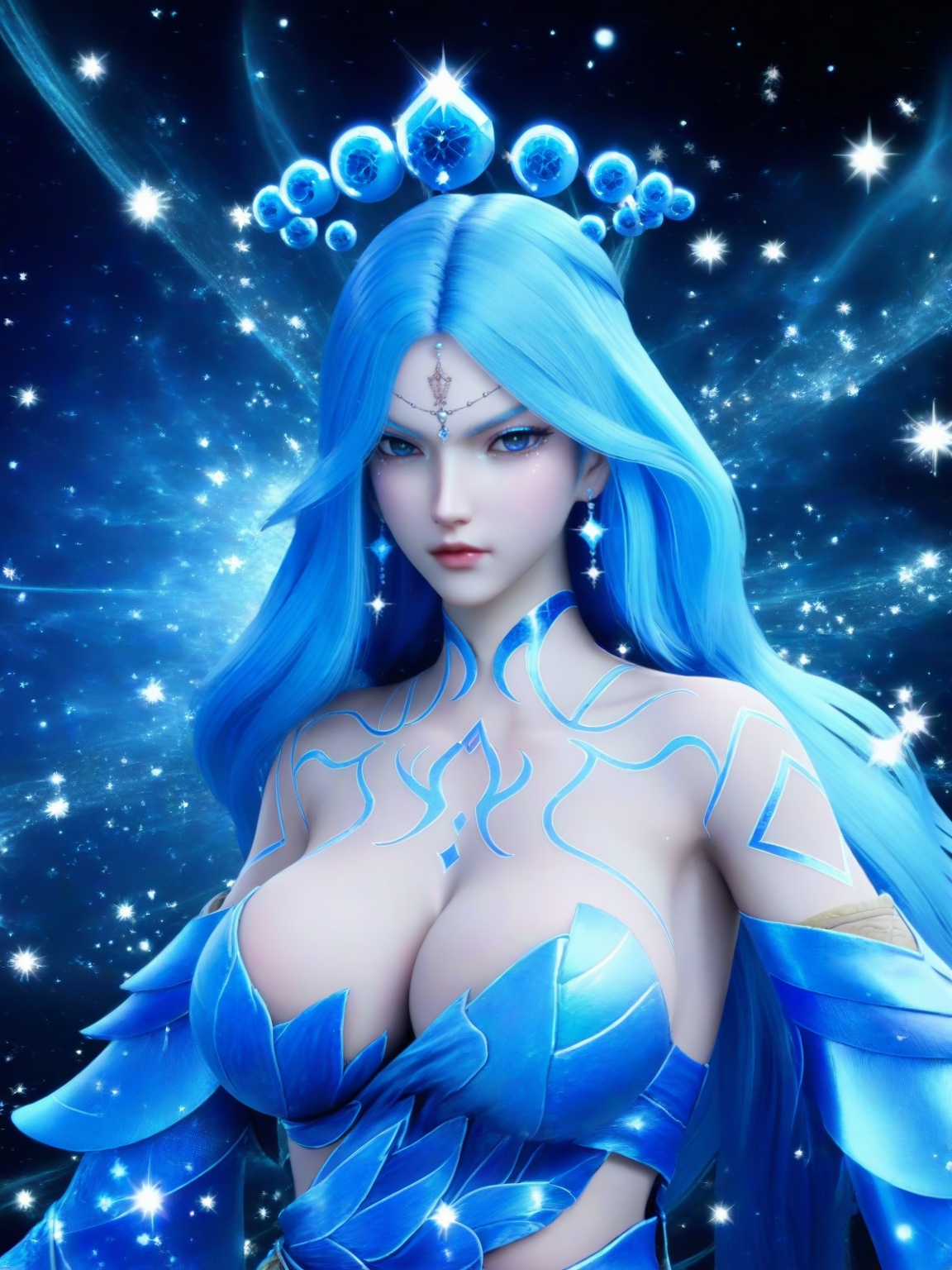 score_9,1girl,solo,dress,long hair,standing,forehead mark,forehead jewel,earrings,hair ornament,blue hair,detached sleeves,large breasts,sparkle,cleavage,standing,upper body,lipstick,looking at viewer,<lora:SF_LiShaoYing_Pony_Realism2.3-000004:0.7>,