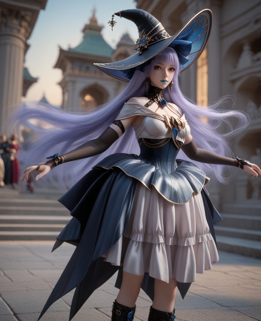 (oriental architecture, elegant decor, sophisticated style:1.1),(ballet leap:1.1),(breasts:1.2),<lora:XL16克金玩家白雪公主病:0.95>,witch,lavender gothic lolita dress with black peplum,orange eyes,lilac hair,very long hair,black witch hat,black opera gloves sleeves,blue lips,jewelry,faux blue rose embellishments,black boots,, score_9,score_8_up,score_7_up,score_6_up,score_5_up,score_4_up,3d rendering,tag1,tag2, Cinematic Lighting,backlighting,, zPDXL3, zPDXL2,zPDXL, zPDXLxxx, zPDXLrl,