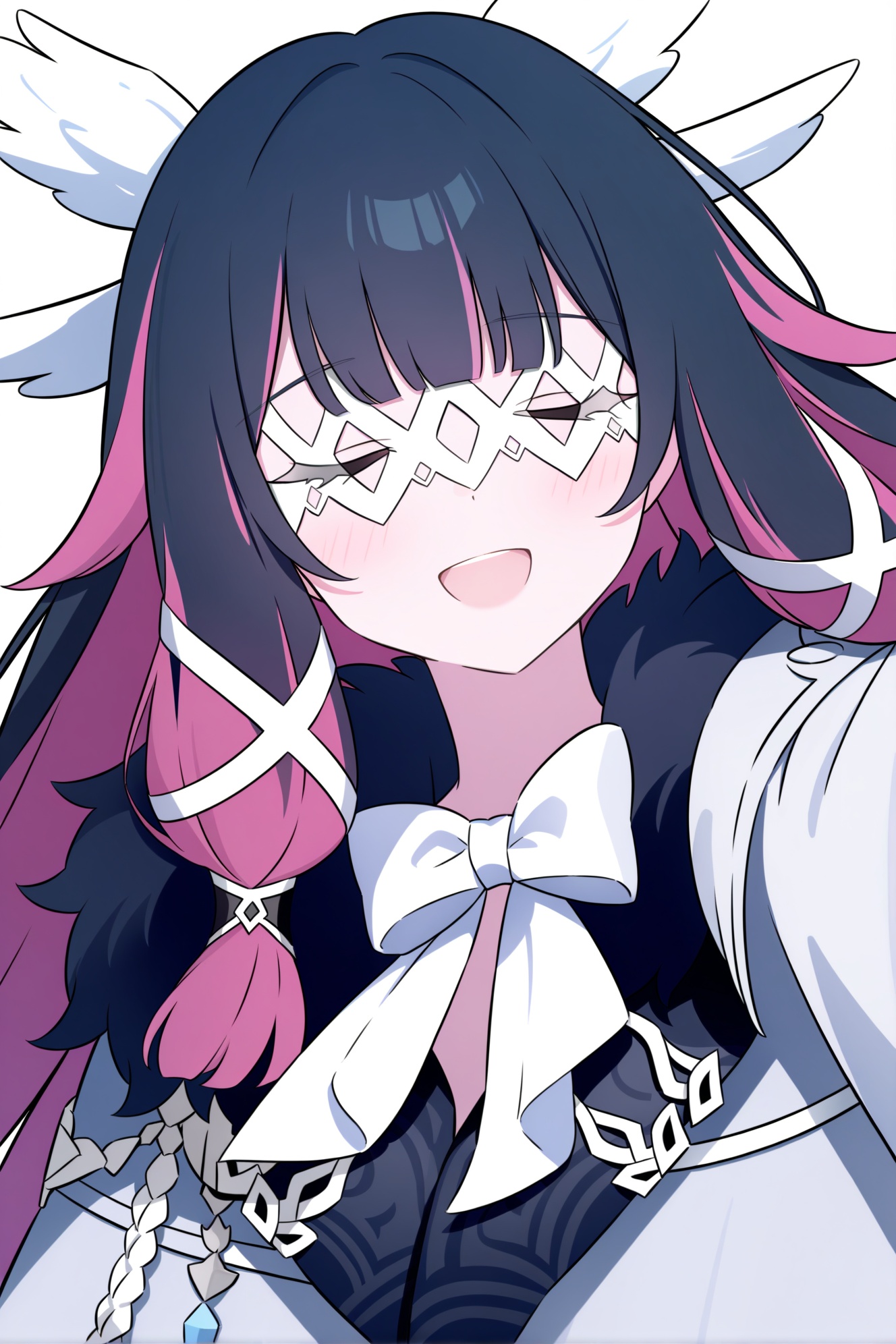 Columbina\(genshin impact\), 1girl, multicolored hair, solo, fur trim, black hair, long hair, pink hair, head wings, bow, coat, wings, eye mask, white bow, blush, open mouth, two-tone hair, smile, closed eyes, white background, white mask, fur-trimmed coat, blunt bangs, hair ornament, upper body, simple background, ribbon