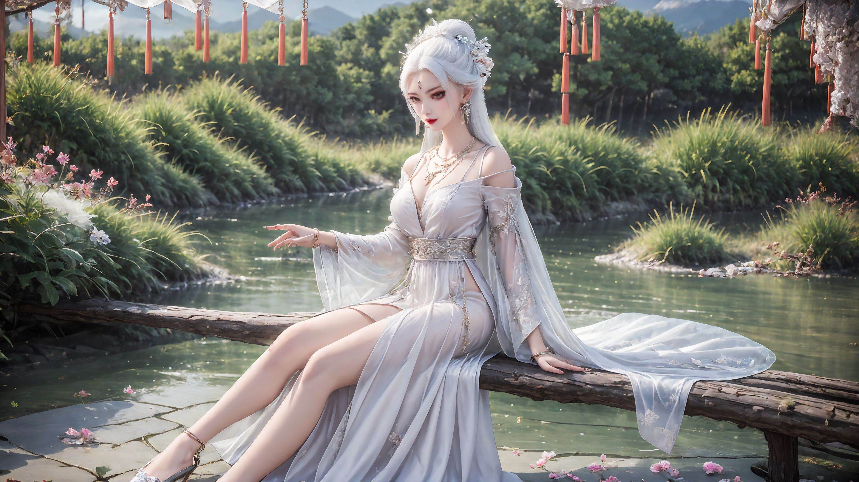 1girl,umbrella,solo,dress,white dress,holding umbrella,jewelry,long hair,holding,outdoors,chinese clothes,mountain,earrings,necklace,long sleeves,white hair,<lora:girl miaojiangxiaobai_20240912173536:0.7>,